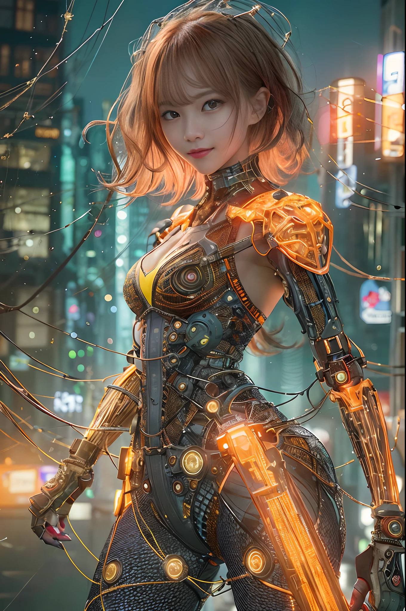 Cybernetic arm and glowing cyber girl,(Sheer and revealing costumes:1.3, )Stand on a post-apocalyptic battlefield cityscape.Surrounded by a network of wires. Surrounded by a web of circuits. (Cyber Girl with Orange Glowing Sword:1.3), Glossy light brown and orange striped shorthair,Cute smile,Perfect round face,A cheerful smile that makes the viewer happy,Proper body proportion,masutepiece,Super high-quality output images,hight resolution,Intricate details,Very delicate and beautiful hair,photos realistic,Dreamy,Professional Lighting,realistic shadow,Solo Focus,Beautiful hands,Beautiful fingers,Detailed finger features,detailed clothes features,Detailed hair features,detailed facial features,