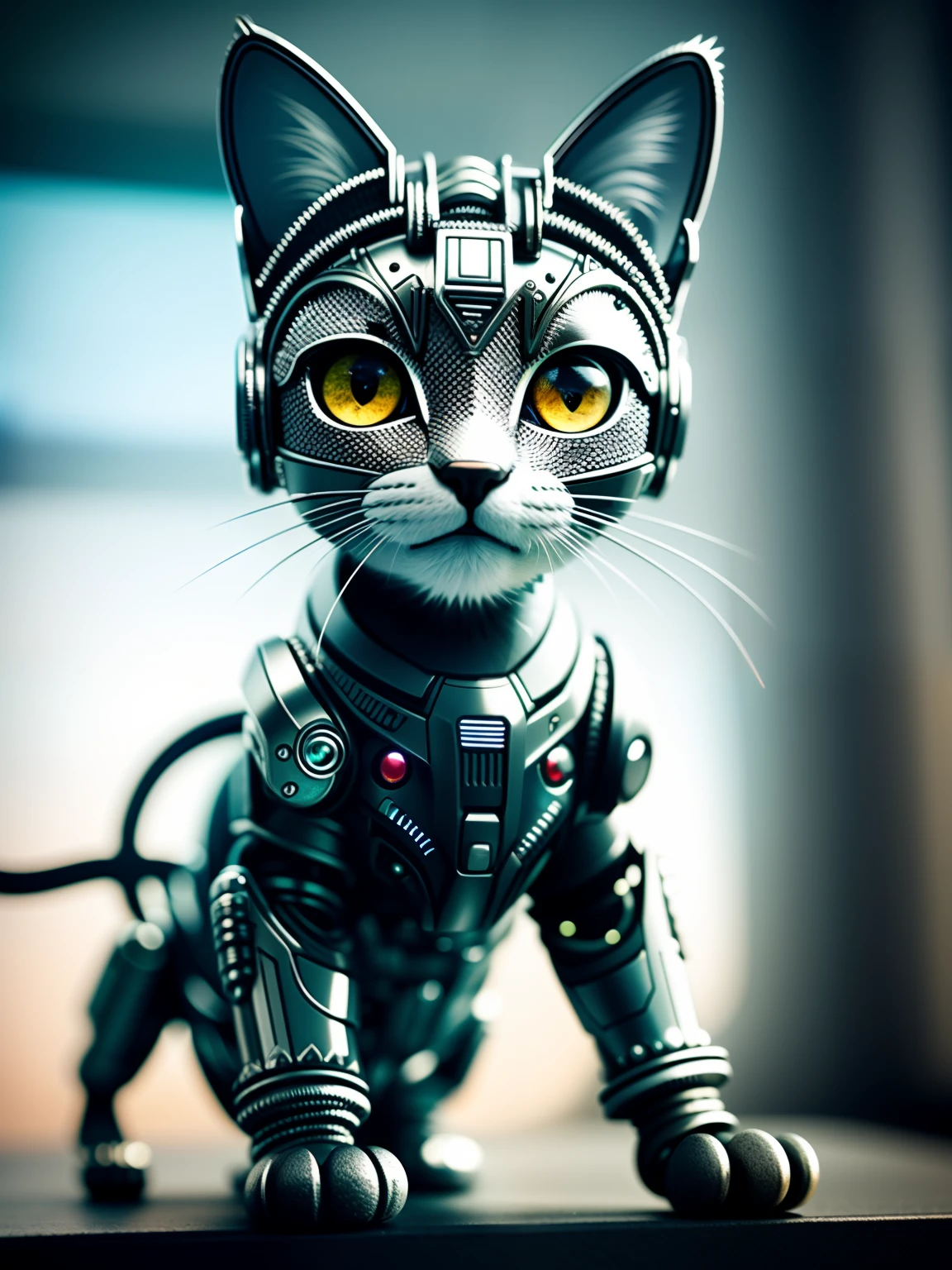A cute kitten made of metal, (cyborg:1.1), ([tail|detailed wire]:1.3), (intricate detail), hdr, (intricate detail, hyperdetailed:1.2), cine footage, halo shadow, centered