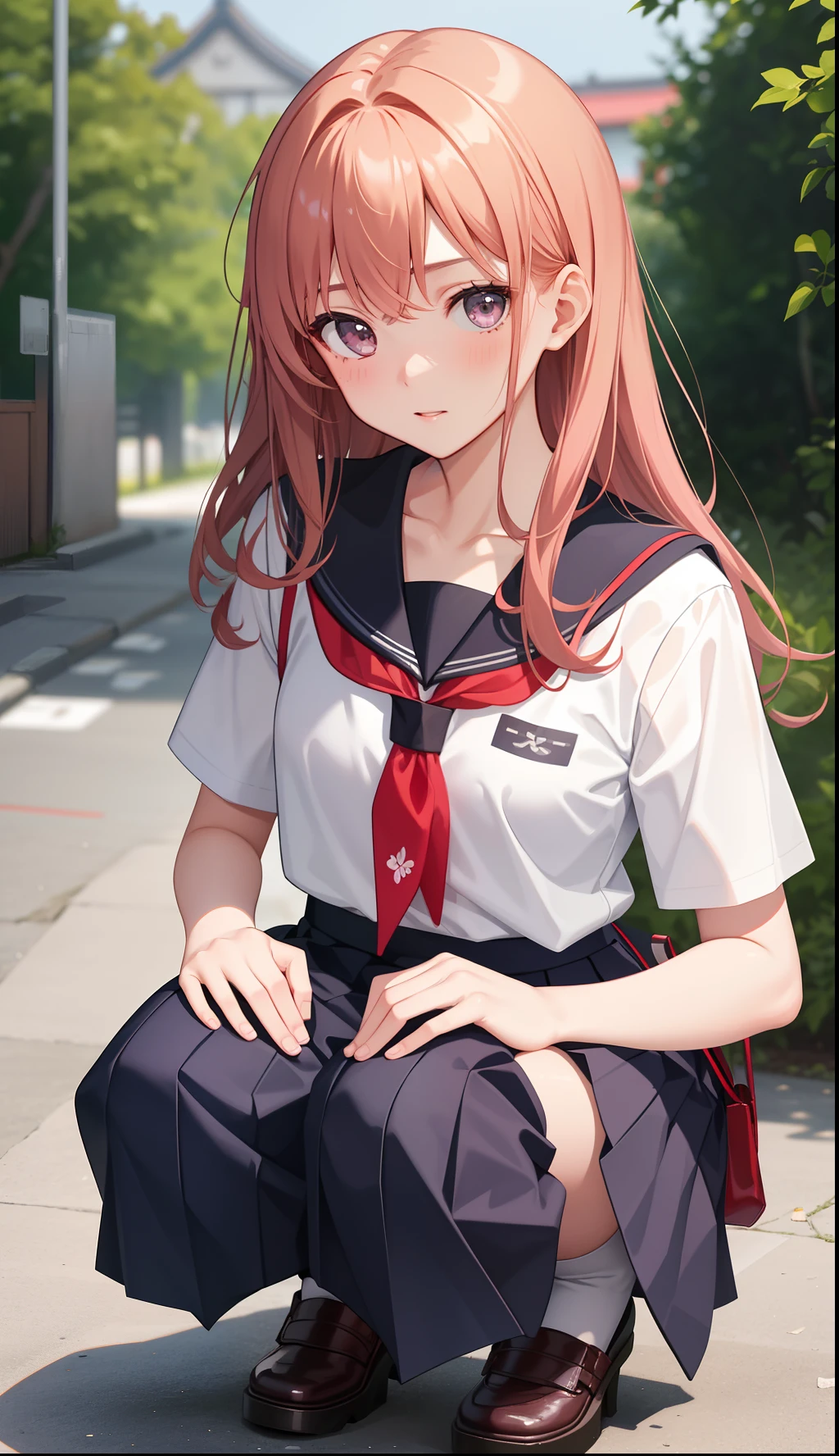 1girl in、AS-Adult、The shirt、skirt by the、(small tits)Chilarism、Japan High School Student Uniform、serafuku、summer clothing、(Sheer Bra)、Upper body portrait、the wind、Squatting panchira、