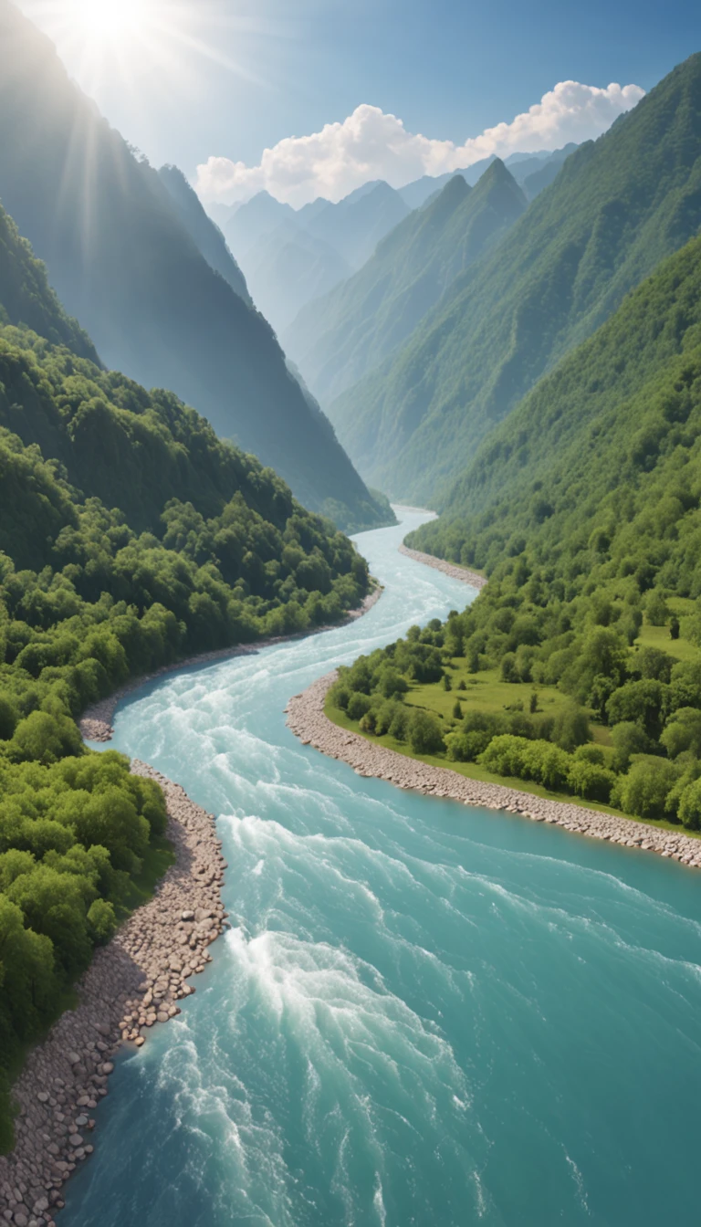 ((A map of thousands of miles of rivers and mountains:1.2)), Majestic,Majestic mountains,(A river that stretches into the distance:1.1),(with blue sky and white clouds,and the sun was shining brightly:1.1),Lush woods,Leisurely river water,Lively boat,Harmonious and beautiful natural scenery,3D HD rendering。