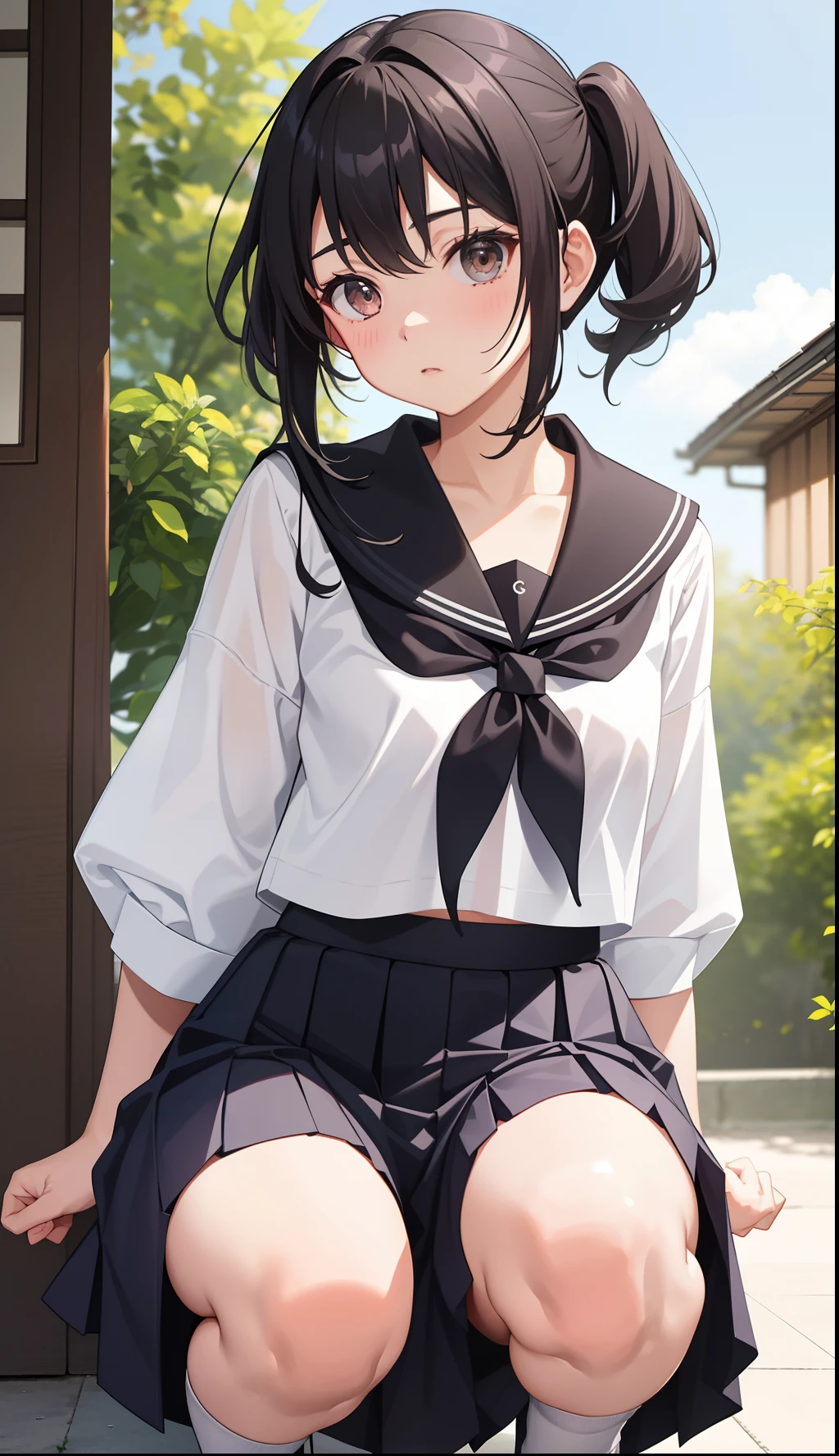 1girl in、AS-Adult、The shirt、skirt by the、(small tits)Chilarism、Japan High School Student Uniform、serafuku、summer clothing、(Sheer Bra)、Upper body portrait、the wind、Squatting panchira、