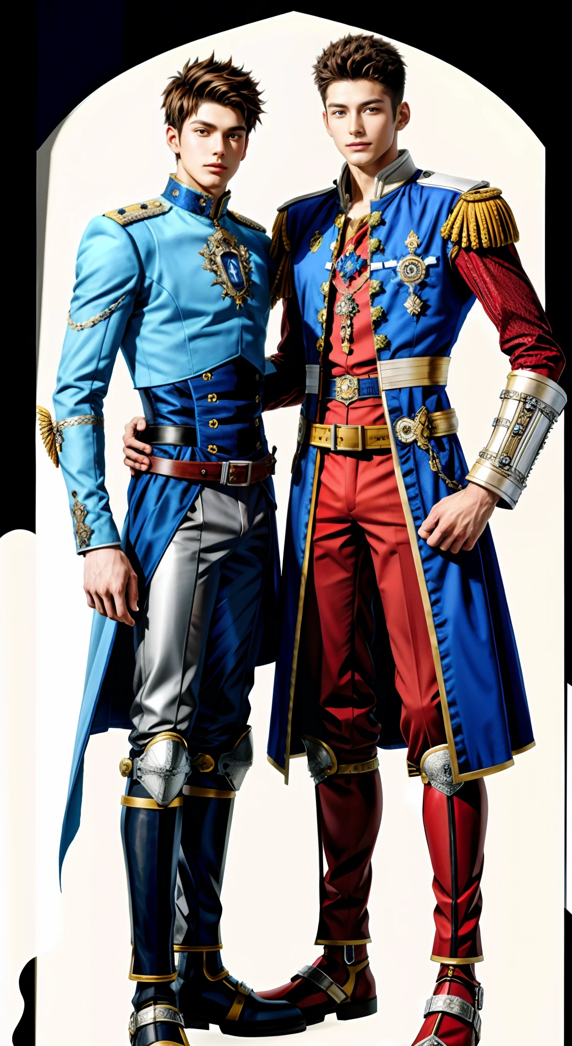 tmasterpiece， Best quality at best， 2 young men， A gay couple， Homosexuality， 2 Men， Knights and princes， Height difference， Different colors， apathy， Loves，Gay，Attractive feet，Model figure，Tall and tall，