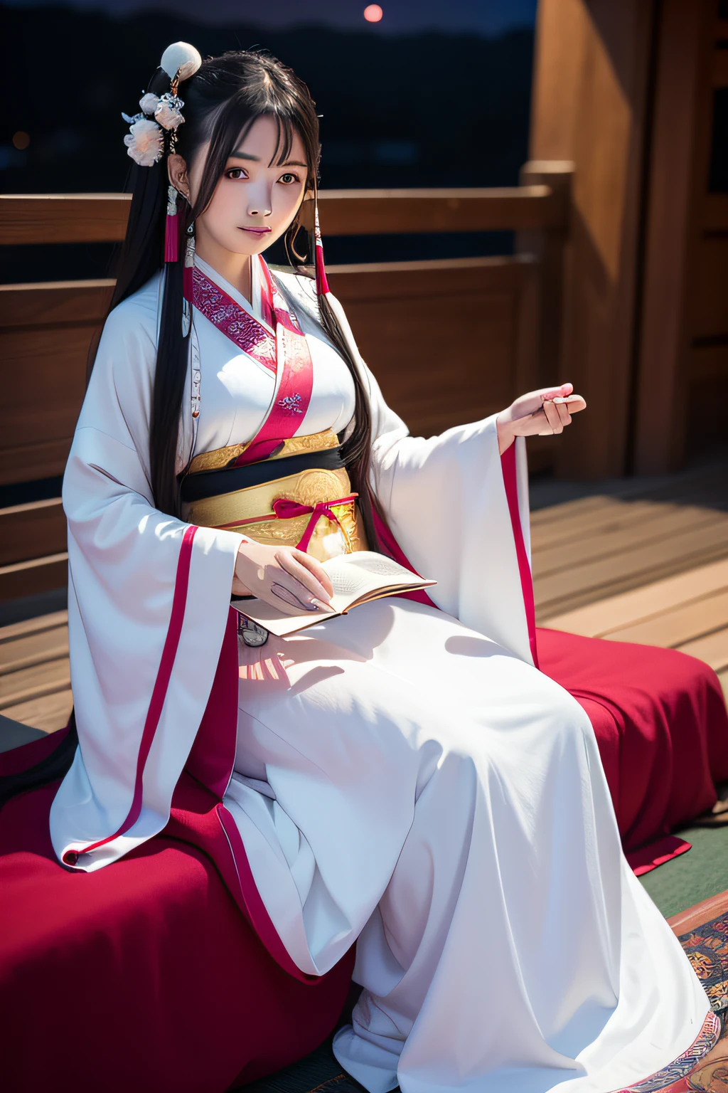 The full moon is empty, The woman in Hanfu sits down facing the camera,His hand was flipping through the book,Exquisite facial features ,Beautiful detailed girl,1girll,Solo,Smile,perfect women figure,Real photos,Long hair,Hanfu,Chinese outfit,(Colorful:1.3),Upper body,Look at the reader