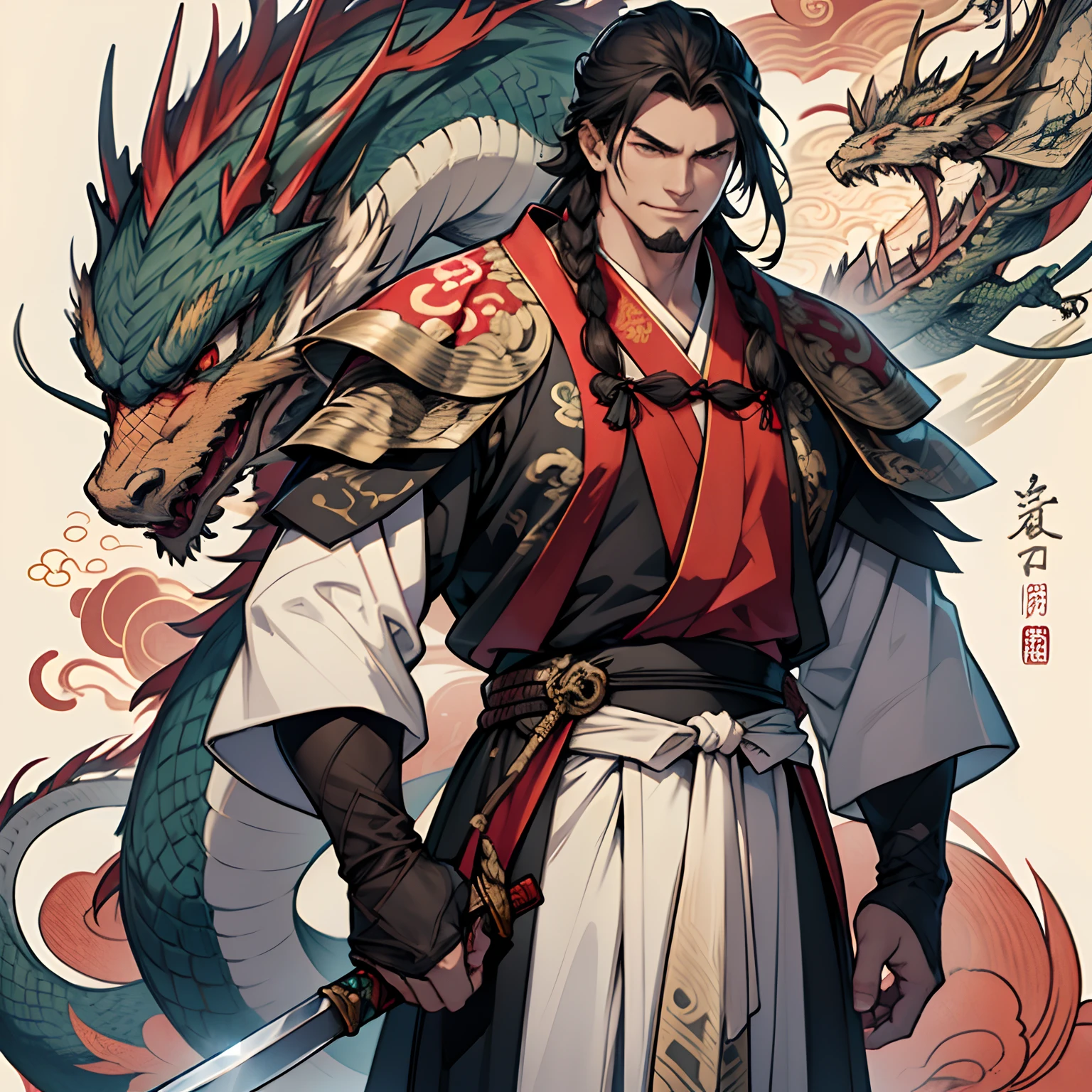 Um homem (homem) usa Hanfu vermelho, rosto limpo, wry smirk, longos cabelos negros, Hanfu, antigo, fundo de corte, standingn, corpo inteiro, imposing holding the hilt of a stylish sword in his left hand, accompanied by a small Chinese dragon near a humble house.
