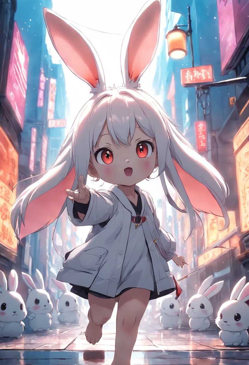 A cartoon rabbit,2.5D,white colors,solid color backdrop,simplebackground