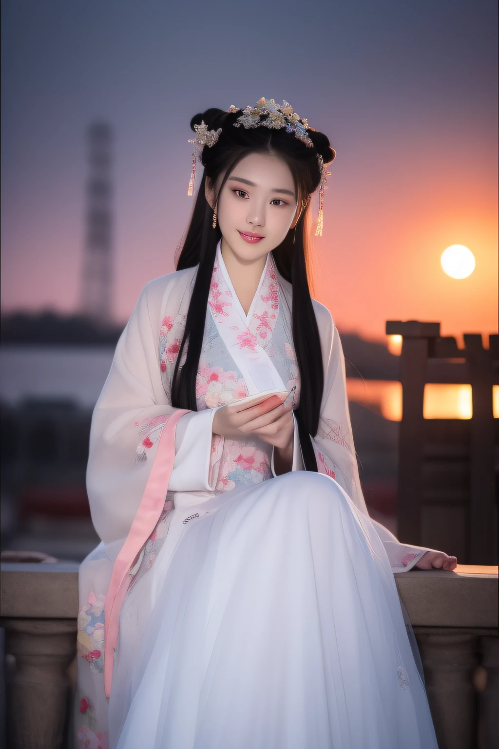 Full moon night，The Hanfu beauty sat down facing the camera，Flip the pages of books gracefully，Her delicate facial features reveal a perfect face。She has a beautiful and detailed appearance，Wearing Hanfu，The colorful colors make it even more dazzling。She has long hair and a shawl，Reveal a charming charm。This is a real photo，Showcases the figure and charm of the perfect woman。On stage she performed solo，With a charming smile on his face，It perfectly shows the charm of Hanfu。