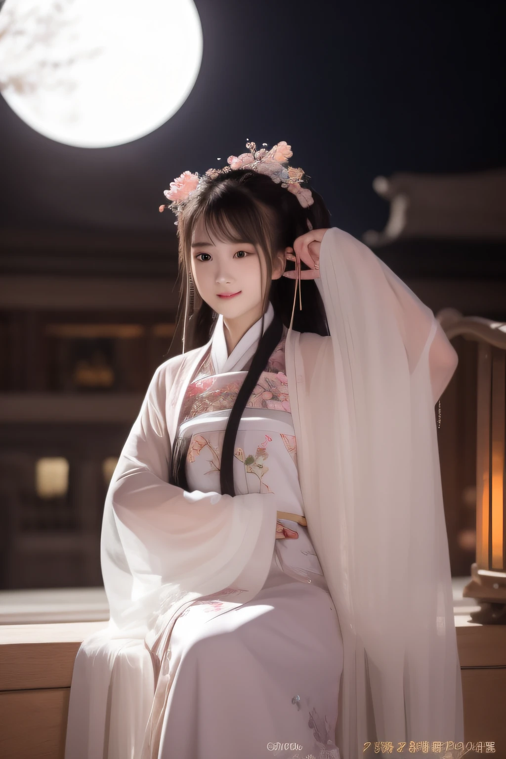 Full moon night,The Hanfu beauty sat down facing the camera,Flip the pages of books gracefully,Her delicate facial features reveal a perfect face。She has a beautiful and detailed appearance,Wearing Hanfu,The colorful colors make it even more dazzling。She has long hair and a shawl,Reveal a charming charm。This is a real photo,Showcases the figure and charm of the perfect woman。On stage she performed solo,With a charming smile on his face,It perfectly shows the charm of Hanfu。