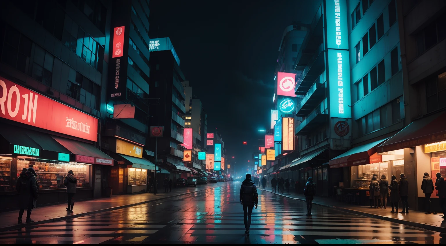 Foto realista, ciudad Cyberpunk futurista, ambiente oscuro con niebla, edificios altos, Street and Neon Signs, ciudad estilo blade runner, Cyberpunk, hologramas, letreros comerciales y hologramas, ciudad estilo
Ghost in the Shell, ambiente oscuro con niebla, suelo mojado, concreto,