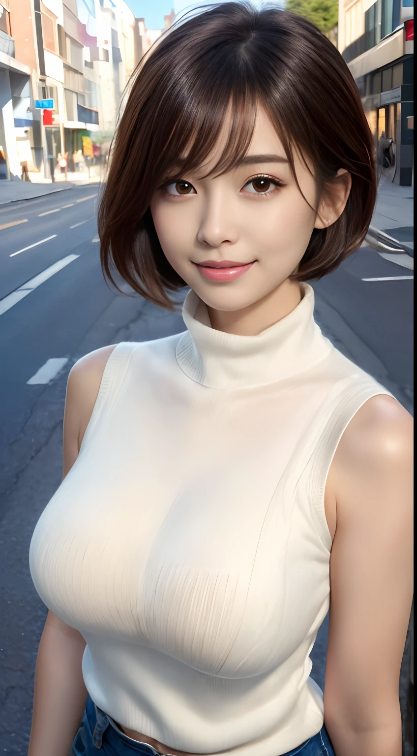 (8K, 超A high resolution, Best quality, masutepiece:1.2)、RAW portrait of japanese girl、超A high resolution、top-quality、 (huge-breasted,:1.6)、｛Hide all breasts:1.2｝｛Off-white shorts:1.5｝、(Wear a white sleeveless turtleneck sweater:1.5)、(hand to hip:1.6)、(In the street:1.2) Break (Natural skin texture、Detailed skin、Hyper-realism、ultra-sharpness)、intricately details、depth of fields、Sexy adult woman、Black hair short hair、toned butt、((tmasterpiece、top-quality、high detal))、(Photorealsitic:1.4)、独奏、Keep one's mouth shut、Smile happily、largeeyes、Distinct double eyelids、eyeslashes、Long neck、Absolute area、Clean collarbone、face perfect、Thin lips、a small face、(Gaze towards the viewer、highlights in the eyes、Light brown eyes、Gloss on lips)、(The entire body is shown from the side:1.3)