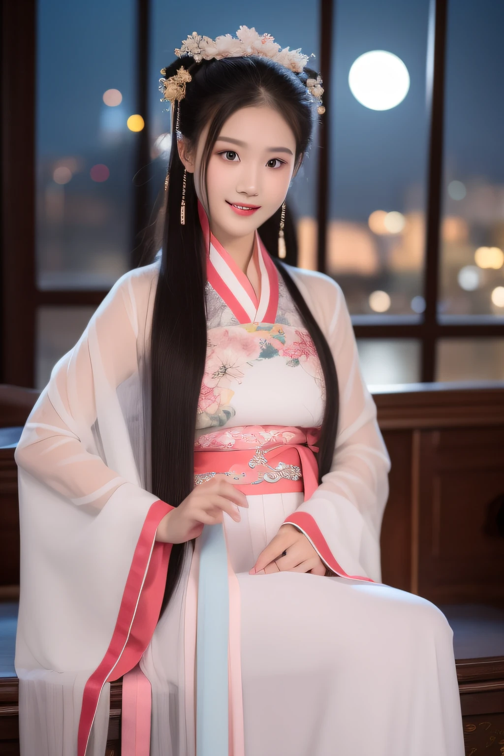 Full moon night，The Hanfu beauty sat down facing the camera，Flip the pages of books gracefully，Her delicate facial features reveal a perfect face。She has a beautiful and detailed appearance，Wearing Hanfu，The colorful colors make it even more dazzling。She has long hair and a shawl，Reveal a charming charm。This is a real photo，Showcases the figure and charm of the perfect woman。On stage she performed solo，With a charming smile on his face，It perfectly shows the charm of Hanfu。