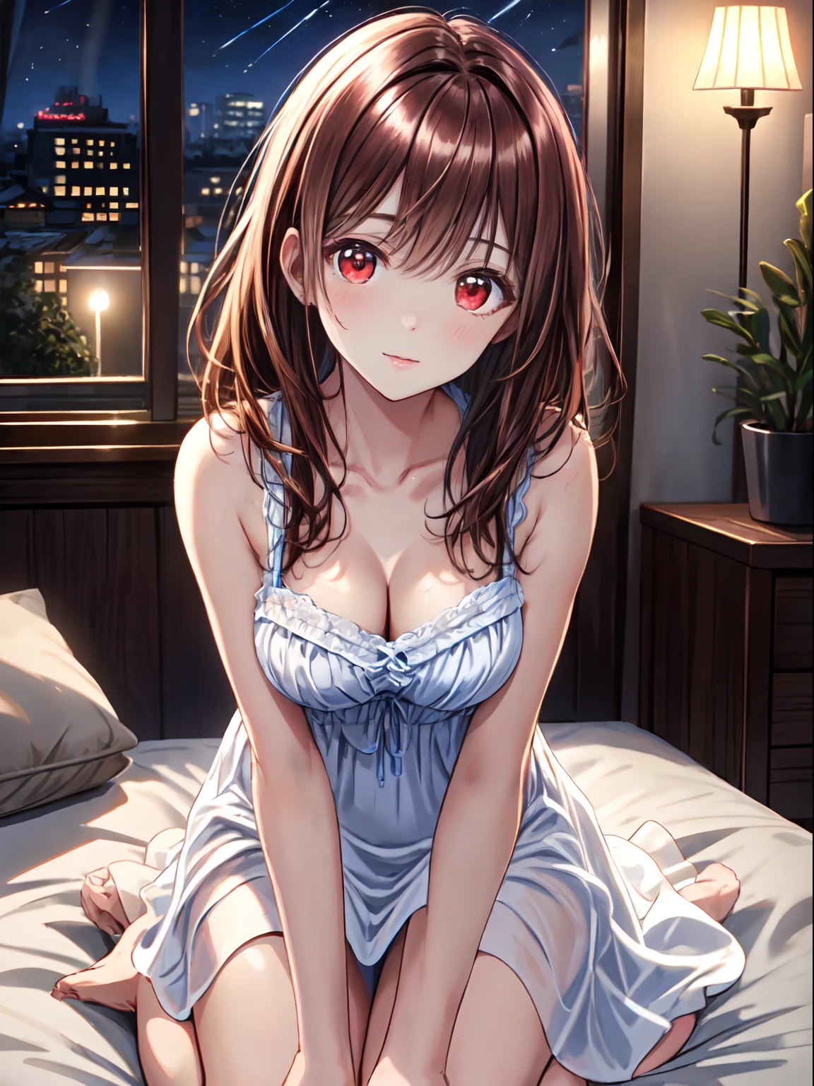 ((masterpiece+best quality+high resolution+illustration1.3+ultra 8k)), 1girl, ((detailed body)) ((attractive face)) ((long nose)) ((long facial structure)) (sharp eyes) ((red eyes)) ,soft skin, indoor, sitting on the bed, looking at viewer, night dress girl, blue night dress, detailed body, short red hair, detailed eyes, ((detailed shadow)), lighting, detailed, focus, hand detailed night light