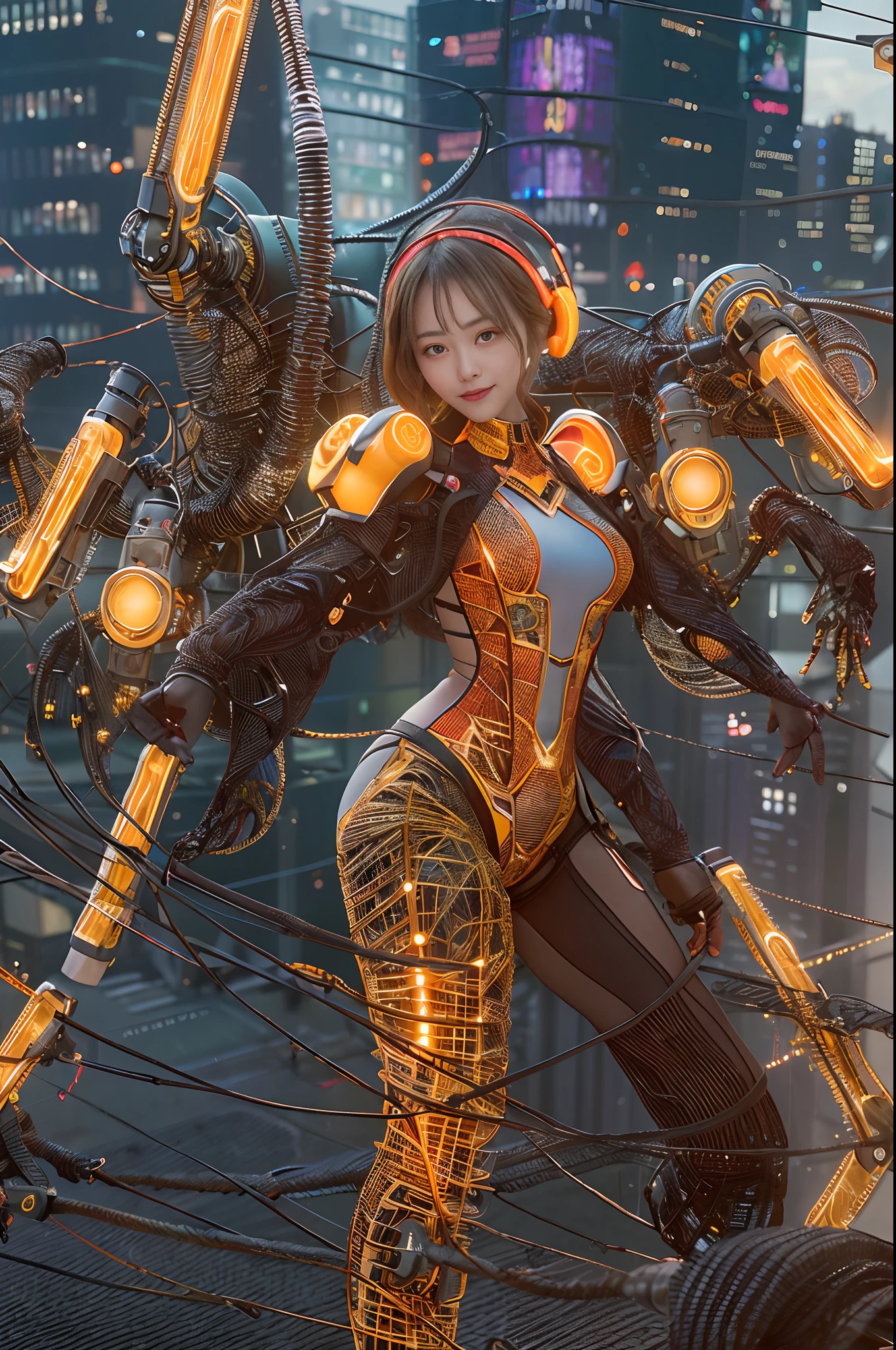 Cybernetic arm and glowing cyber girl,(Sheer and revealing costumes:1.3, )Stand on a post-apocalyptic battlefield cityscape.Surrounded by a network of wires. Surrounded by a web of circuits. (Cyber Girl with Orange Glowing Sword:1.3), Glossy light brown and orange striped shorthair,Cute smile,Perfect round face,A cheerful smile that makes the viewer happy,Proper body proportion,masutepiece,Super high-quality output images,hight resolution,Intricate details,Very delicate and beautiful hair,photos realistic,Dreamy,Professional Lighting,realistic shadow,Solo Focus,Beautiful hands,Beautiful fingers,Detailed finger features,detailed clothes features,Detailed hair features,detailed facial features,