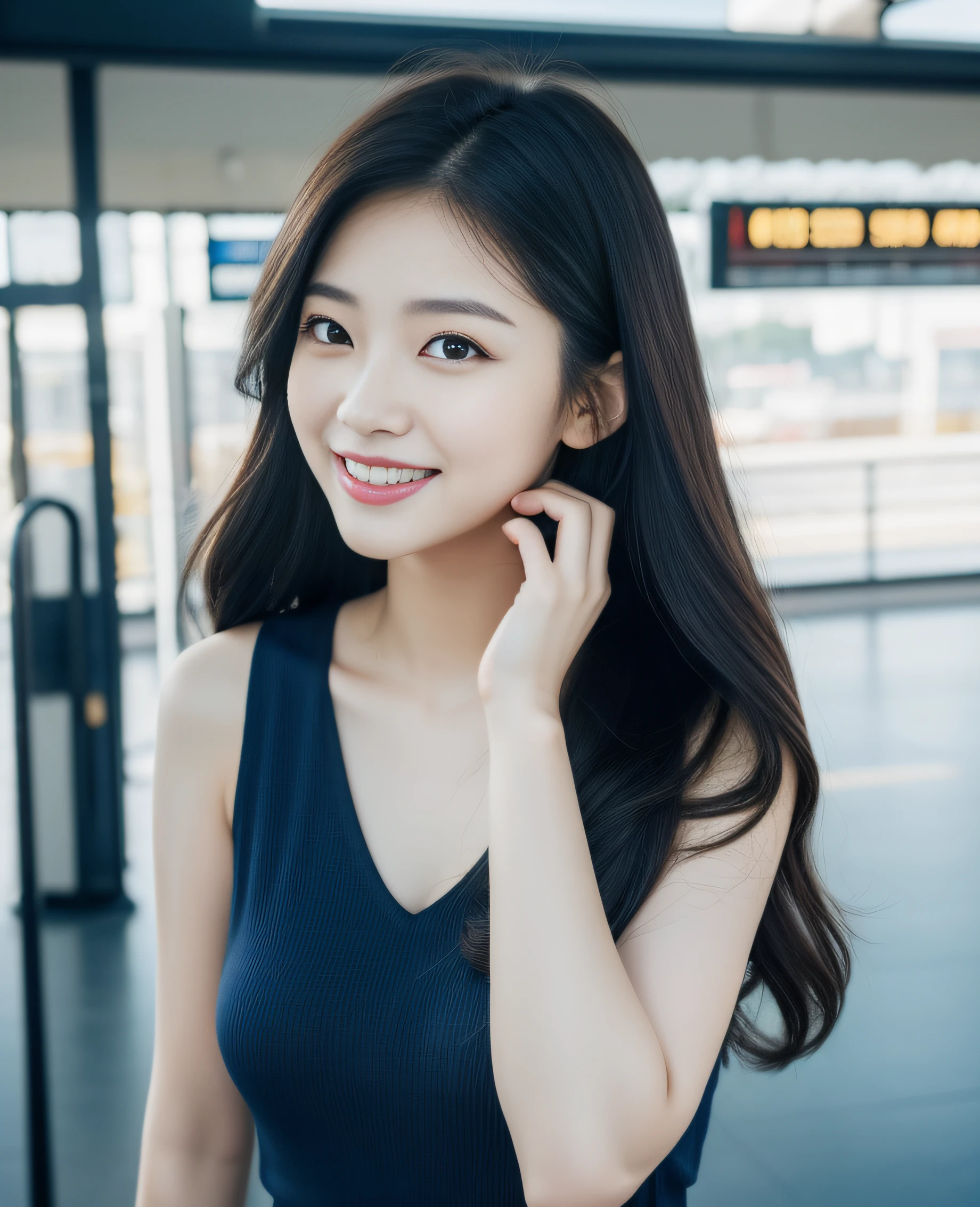 ((best quality, 8K, masterpiece: 1.3)), beautiful girl, pure, melon face, kind and cute, sweet smile, pure desire, slender body, (front), (tilted head), ((looking at camera)), wearing a navy blue dress, long black silky hair, long flowing shoulders, round black big eyes, clear big eyes, moist red lips, sweet, standing, ferry terminal background, ((((whole body)))),