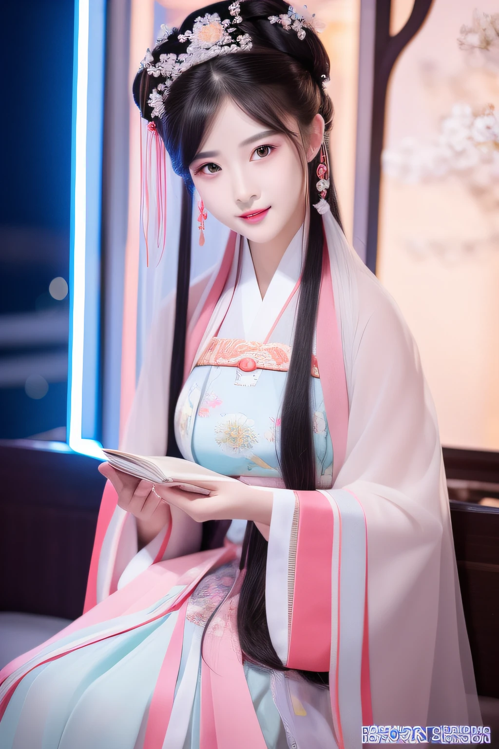Full moon night，The Hanfu beauty sat down facing the camera，Turn the pages gracefully，Her delicate facial features reveal a perfect face。She has a beautiful and detailed appearance。，Wearing Hanfu，The colorful colors make it even more dazzling。She has long hair and a shawl，Showcasing charm。It is a real photo，Show off the body and charm of the perfect woman。be on stage，She plays solo，With a charming smile on his face，Perfect display of the charm of Hanfu。