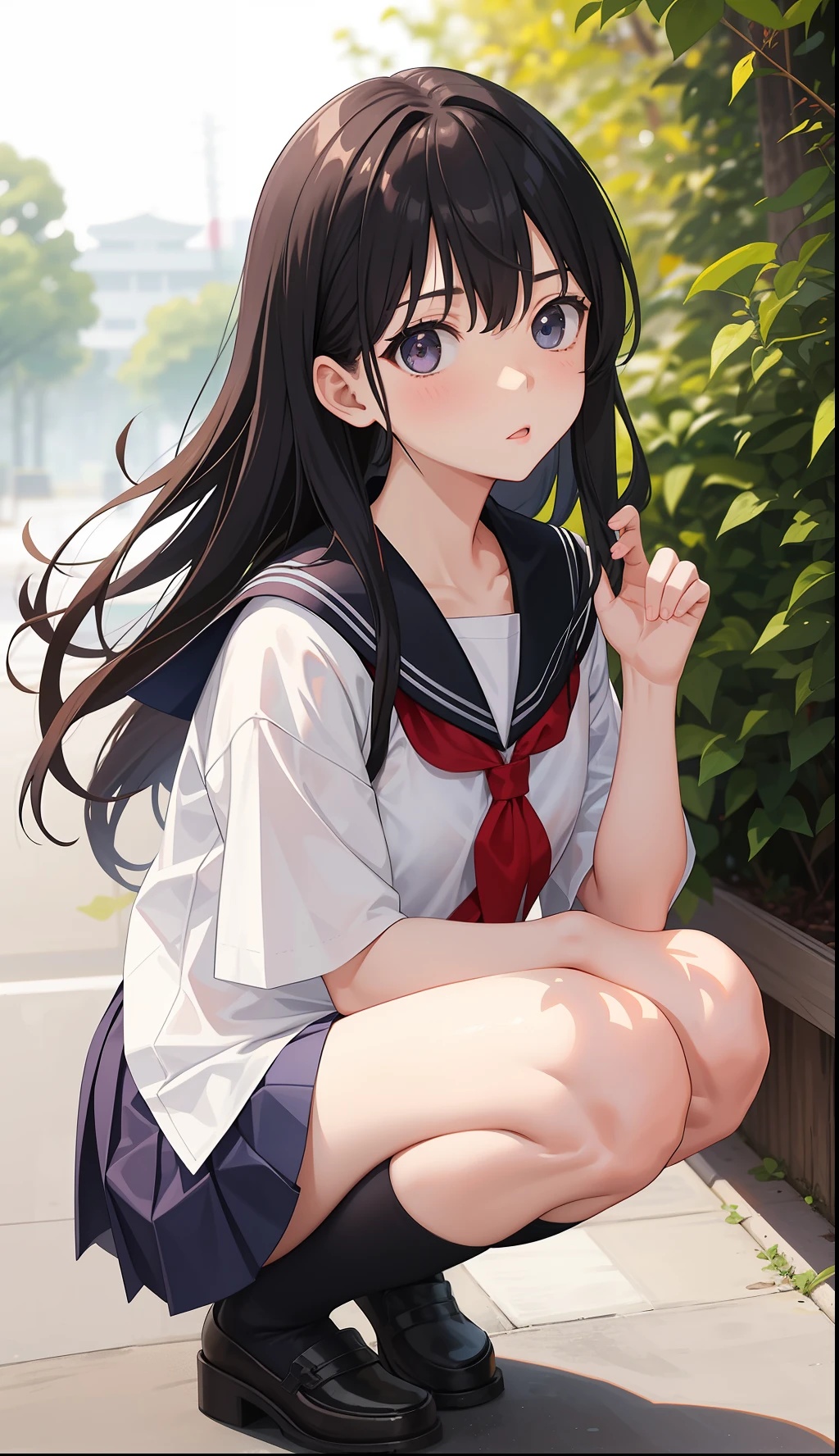 1girl in、AS-Adult、The shirt、skirt by the、(small tits)Chilarism、Japan High School Student Uniform、serafuku、summer clothing、(Sheer Bra)、Upper body portrait、the wind、Squatting panchira、