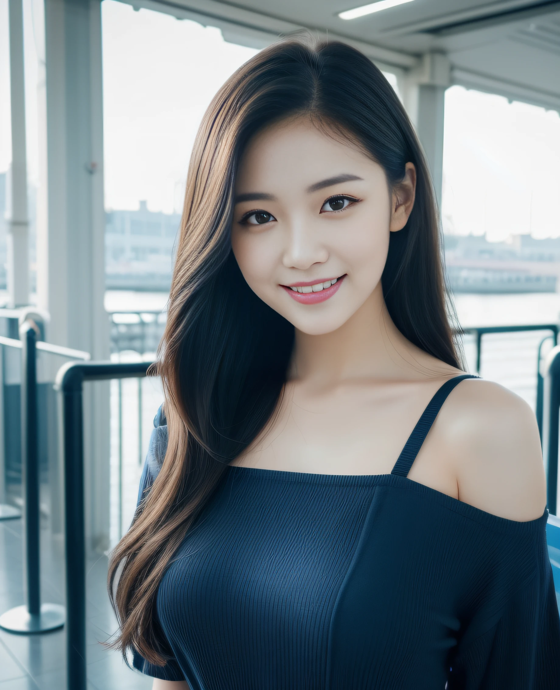 ((best quality, 8K, masterpiece: 1.3)), beautiful girl, pure, melon face, kind and cute, sweet smile, pure desire, slender body, (front), (tilted head), ((looking at camera)), wearing a navy blue dress, long black silky hair, long flowing shoulders, round black big eyes, clear big eyes, moist red lips, sweet, standing, ferry terminal background, ((((whole body)))),