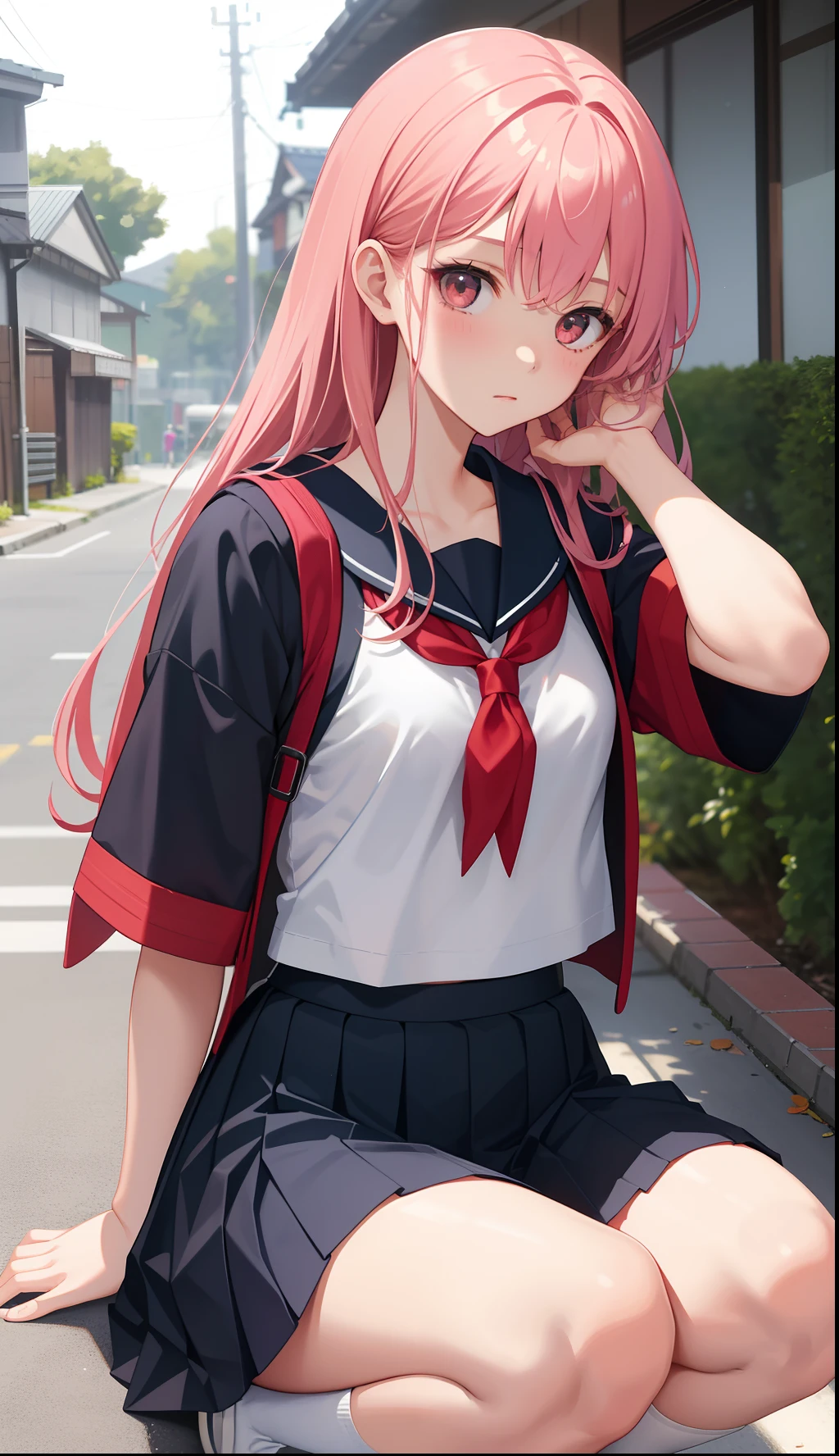 tmasterpiece，(1 female high school student，navy，Superskirt)，evening，pixiv，concept-art，amazing scenery。Lopfe art style, lofi art, beautiful anime scenes, Anime landscapes, Detail Enhancement。