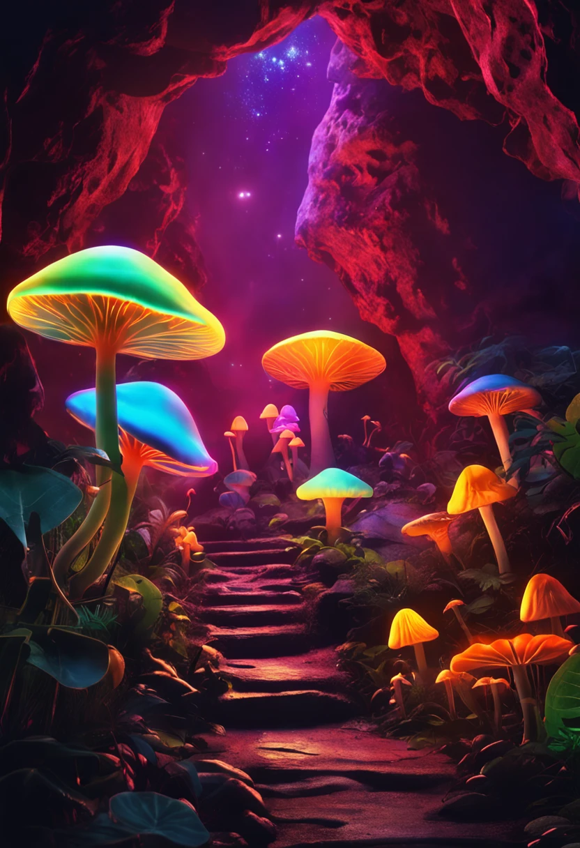 Caves, glowing exotic plants, dreamy, colorful, mushrooms, fireflies