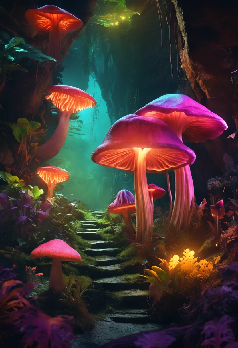 Caves, glowing exotic plants, dreamy, colorful, mushrooms, fireflies