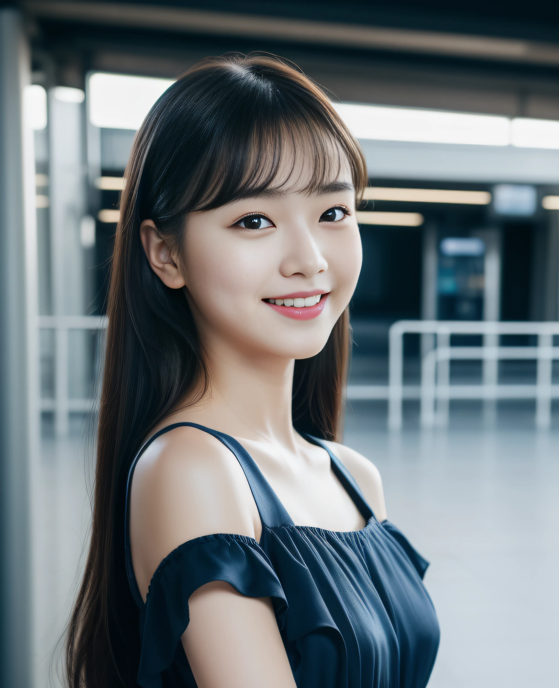 ((best quality, 8K, masterpiece: 1.3)), beautiful girl, pure, melon face, kind and cute, sweet smile, pure desire, slender body, (front), (tilted head), ((looking at camera)), wearing a navy blue dress, long black silky hair, long flowing shoulders, round black big eyes, clear big eyes, moist red lips, sweet, standing, ferry terminal background, ((((whole body)))),