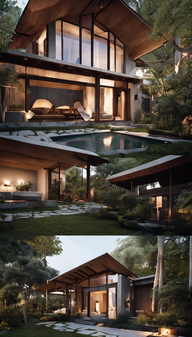 This modern rustic private courtyard is located in a pleasant rural area,It is an oasis in harmony with nature。The exterior design of the courtyard is simple and modern,A blend of natural elements and modern architecture,Showcases a unique aesthetic。
