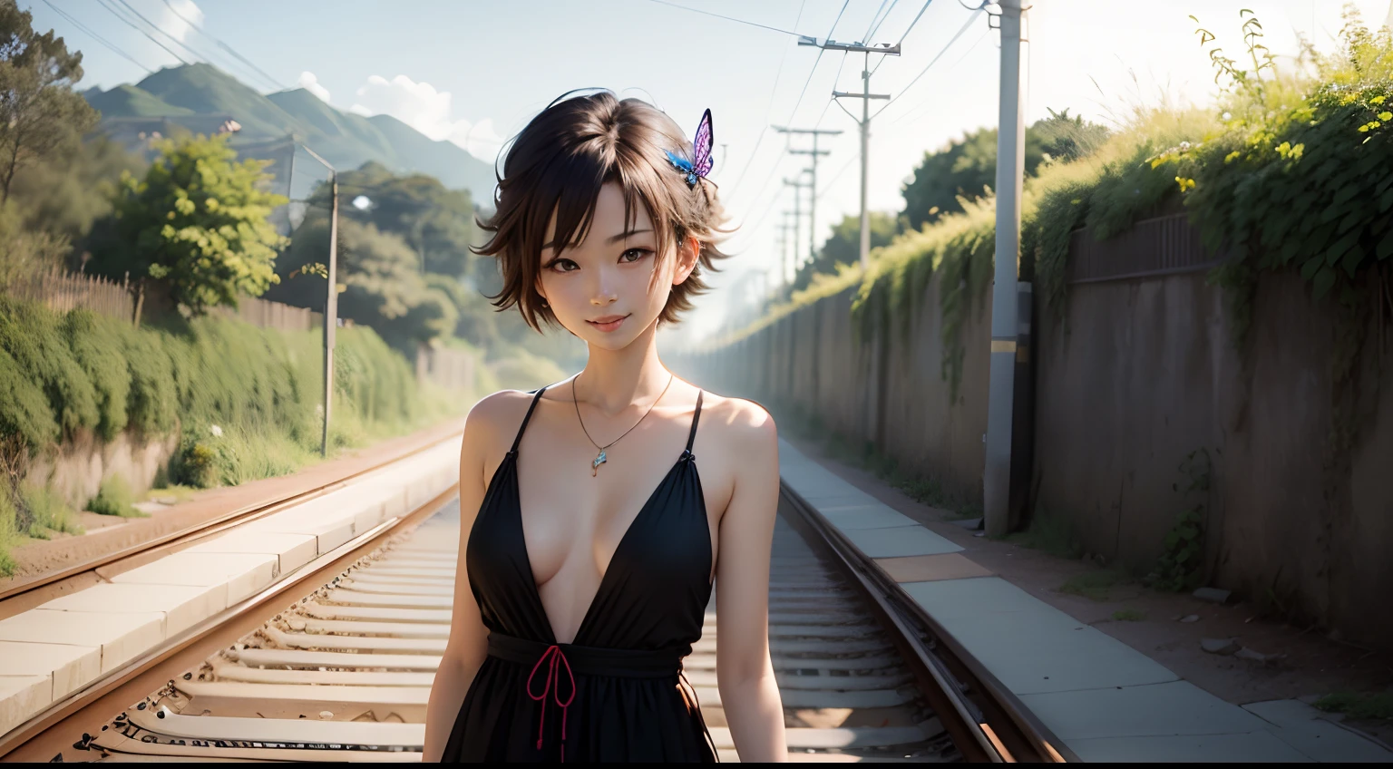morning、Girl walking on a road parallel to the railroad tracks、You can see the sea in the background, I see the train、( hair adornments、耳Nipple Ring、Floral hair ornament、butterfly hair ornament)、 Fuji Film, F/4.0, masutepiece, Anatomically correct、A smile, radiant light、Shinkai Makoto style