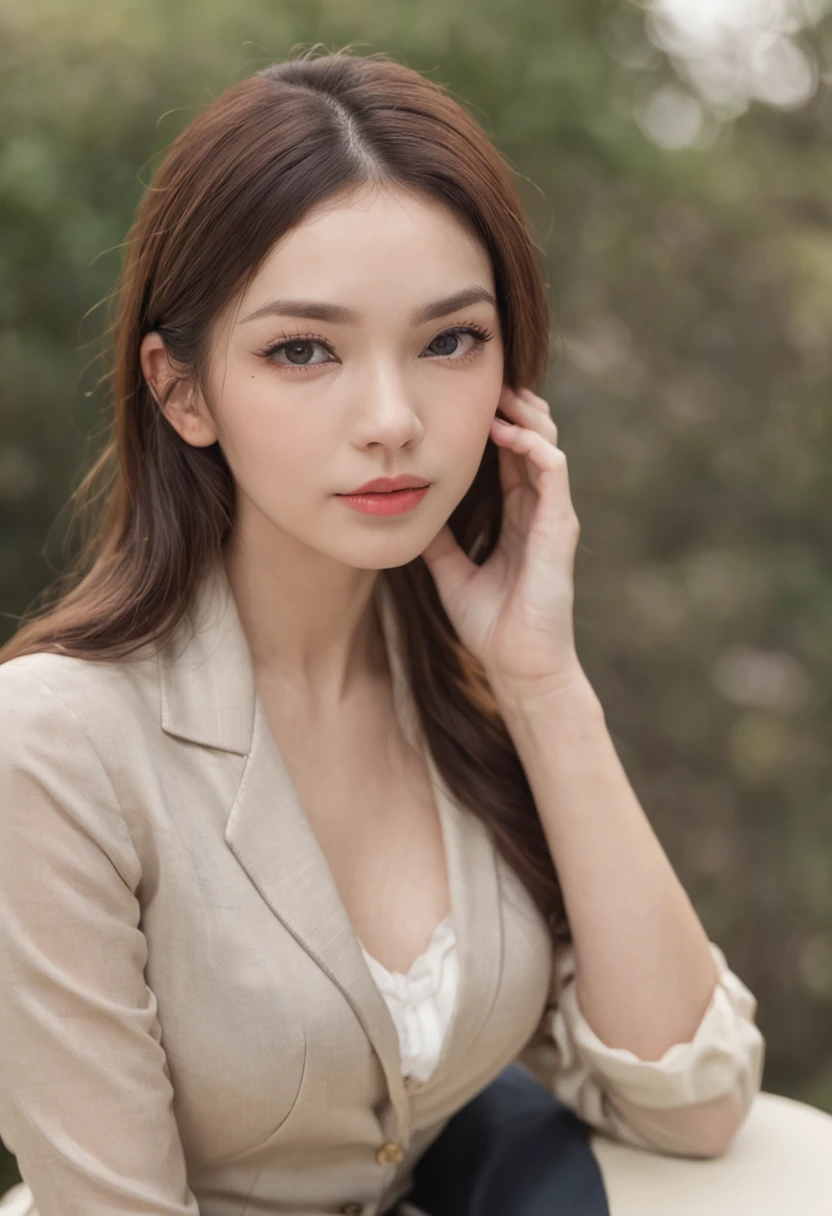 best qualtiy, Full body like,Refined face,pretty face,25 years old woman,slimfigure,large bust,office lady uniform,Office wear,black lence stockings,Outdoor Scene,Sit with open legs ,Cocked buttocks