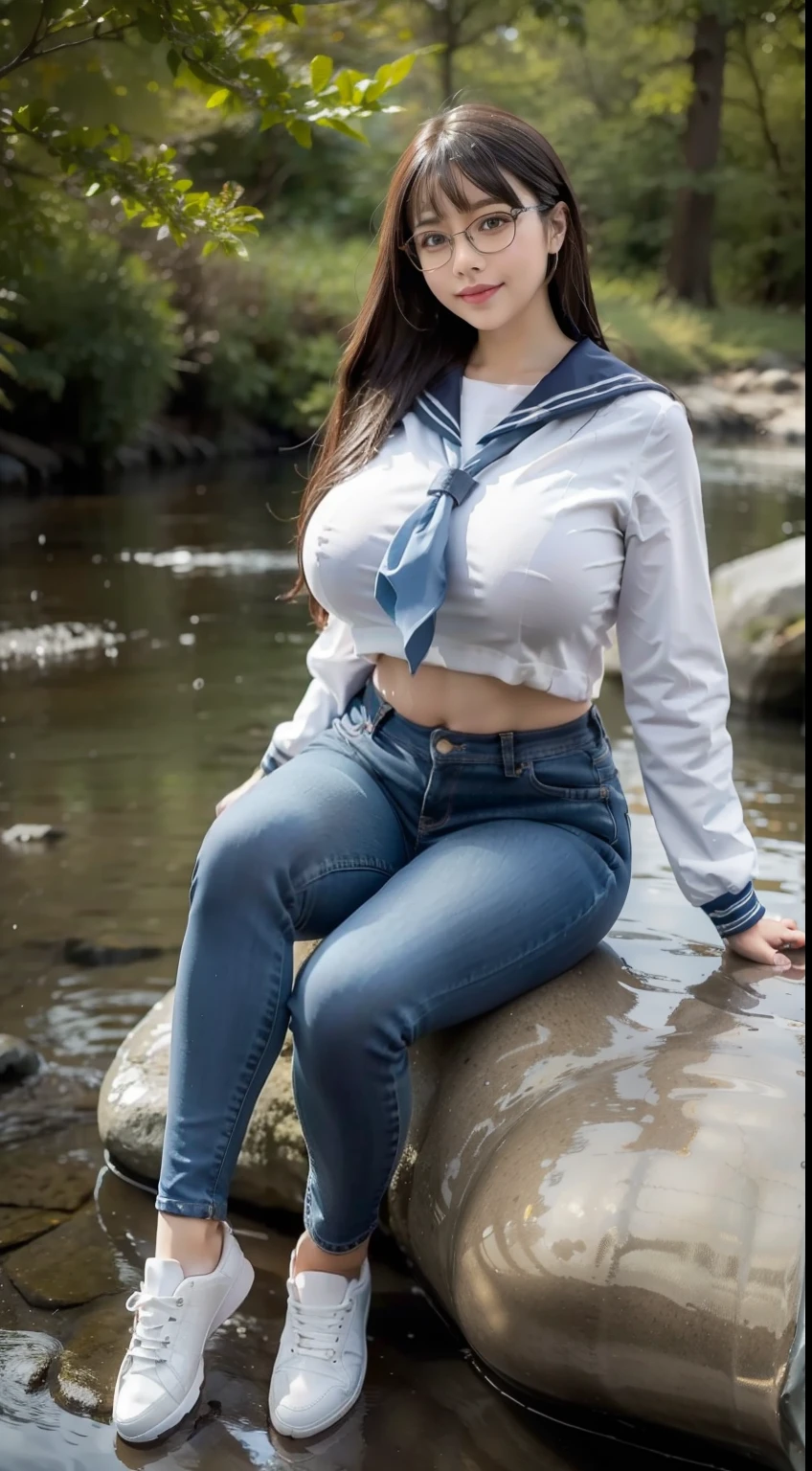 a pregirl，horse tailed，Largest breasts, ssmile, looking at viewert, wet  sailor uniformm,skintight jeans hotpants, athletic sneakers，photore, realisticlying, Best quality at best, (glasses), employee, 详细的脸, Sitting on a large rock by the river in the middle of the woods, diffuselighting, depth of fields, Background bokeh