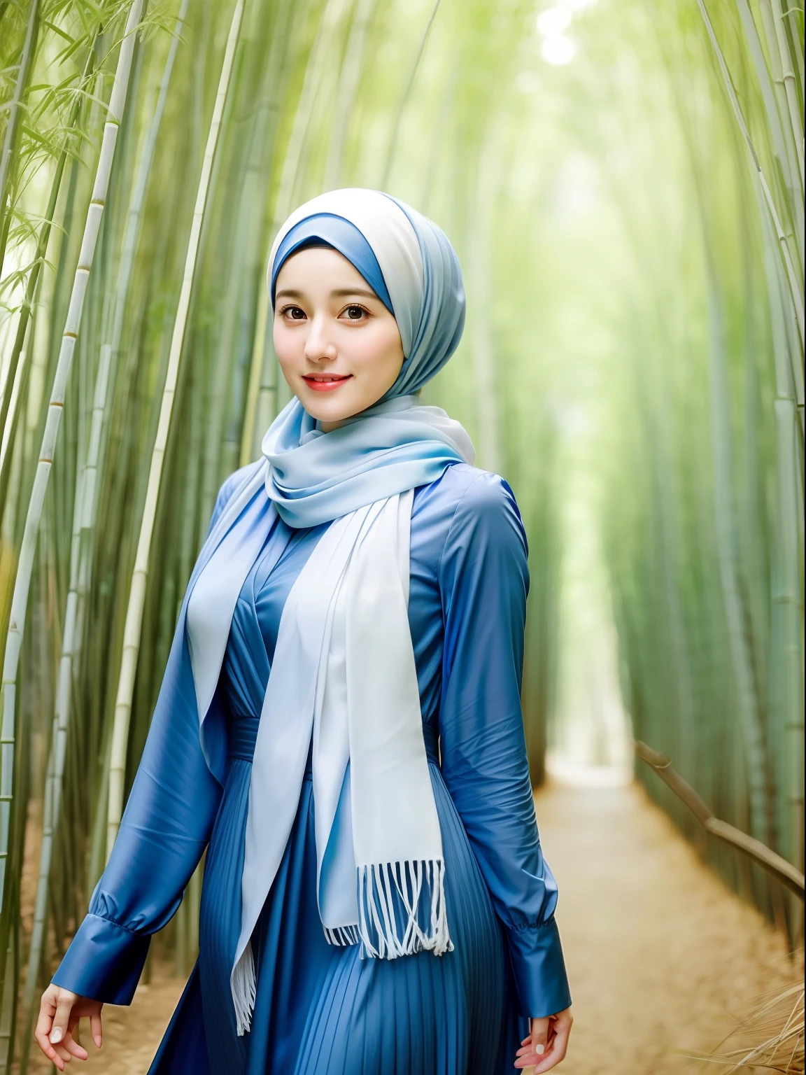 araffe woman in a blue dress and a white scarf, hijab, very beautiful girl, lovely woman, cute girl, cute woman, attractive girl, with cute - fine - face, cute beautiful, she has a cute expressive face, young and cute girl, perfect expression, sie boob, medium breast, slight cute smile, she has a cute face, park, head acc, bamboo trees, bamboo forest, walking