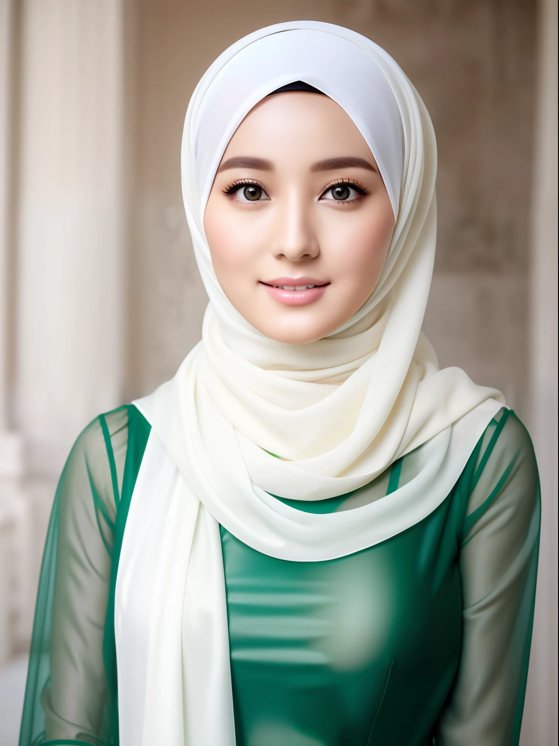 araffe woman in a green transparent dress and a white scarf, hijab, very beautiful girl, lovely woman, cute girl, cute woman, attractive girl, with cute - fine - face, cute beautiful, she has a cute expressive face, young and cute girl, perfect expression, sie boob, medium breast, slight cute smile, she has a cute face, erect pentil,
