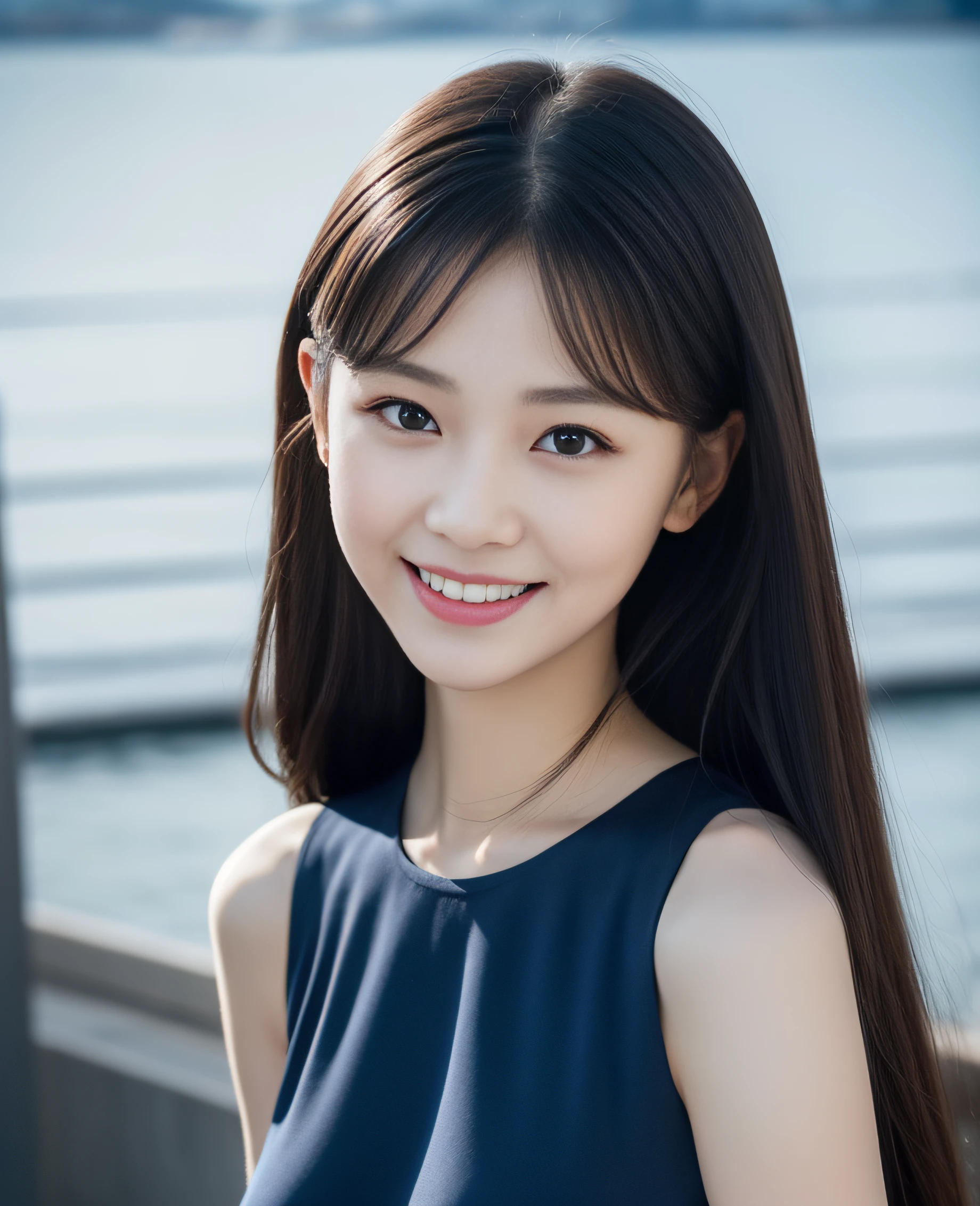 ((best quality, 8K, masterpiece: 1.3)), beautiful girl, pure, melon face, kind and cute, sweet smile, pure desire, slender body, (front), (tilted head), ((looking at camera)), wearing a navy blue dress, long black silky hair, long flowing shoulders, round black big eyes, clear big eyes, moist red lips, sweet, standing, ferry terminal background, ((((whole body)))),