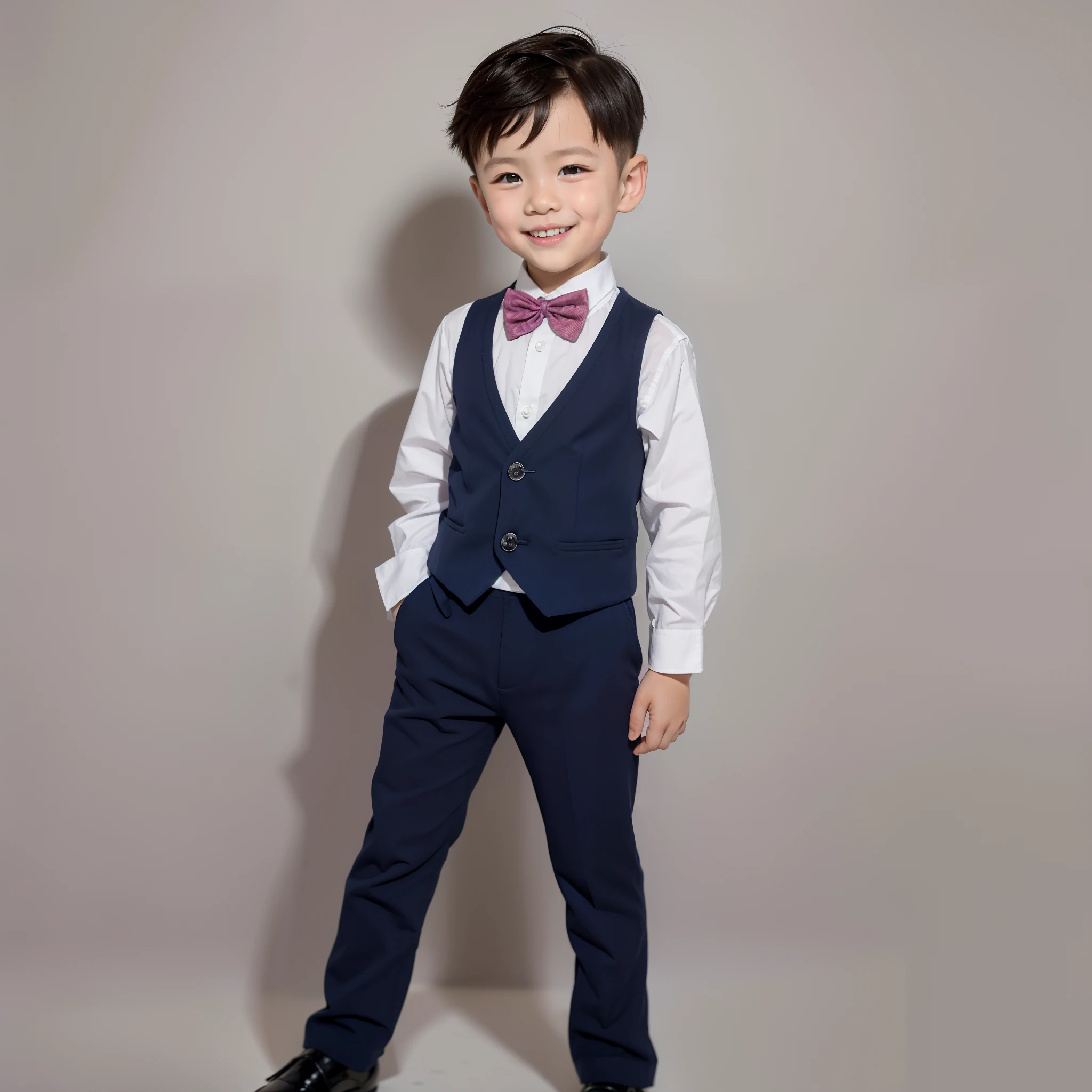 Modern style，White background，Chinese children，Full body photo，handsome，Smiling boy，Dark eyes，flathead，Bow tie，Full body view in front of the photo