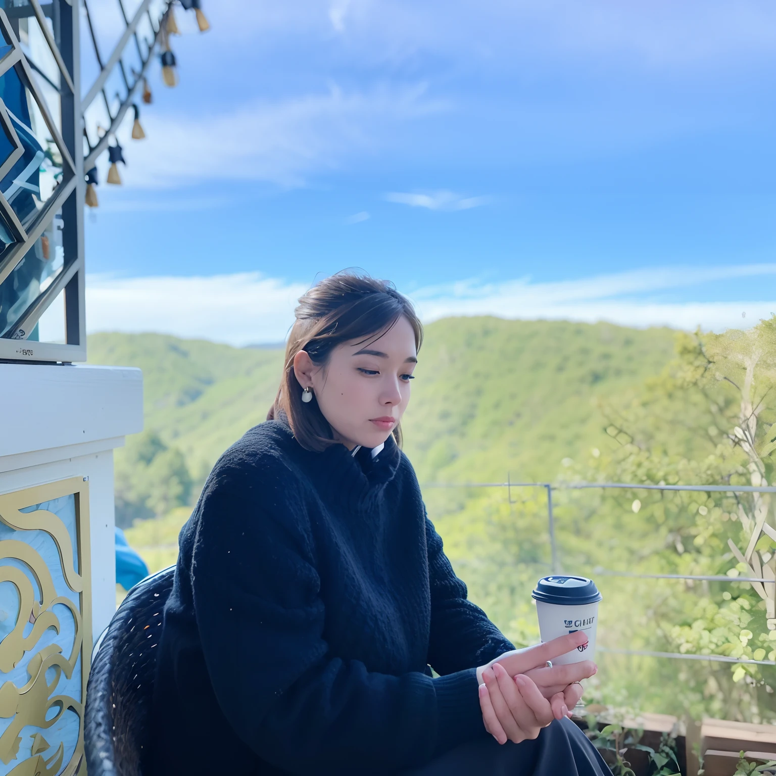 woman sitting on a chair holding a cup of coffee and looking at her phone, chill time. good view, in mountains, cafe in the clouds, at the terrace, 🤬 🤮 💕 🎀, fanart, with mountains in the background, 😭 🤮 💕 🎀, profile image, sitting cutely on a mountain, with mountains in background, exclusive