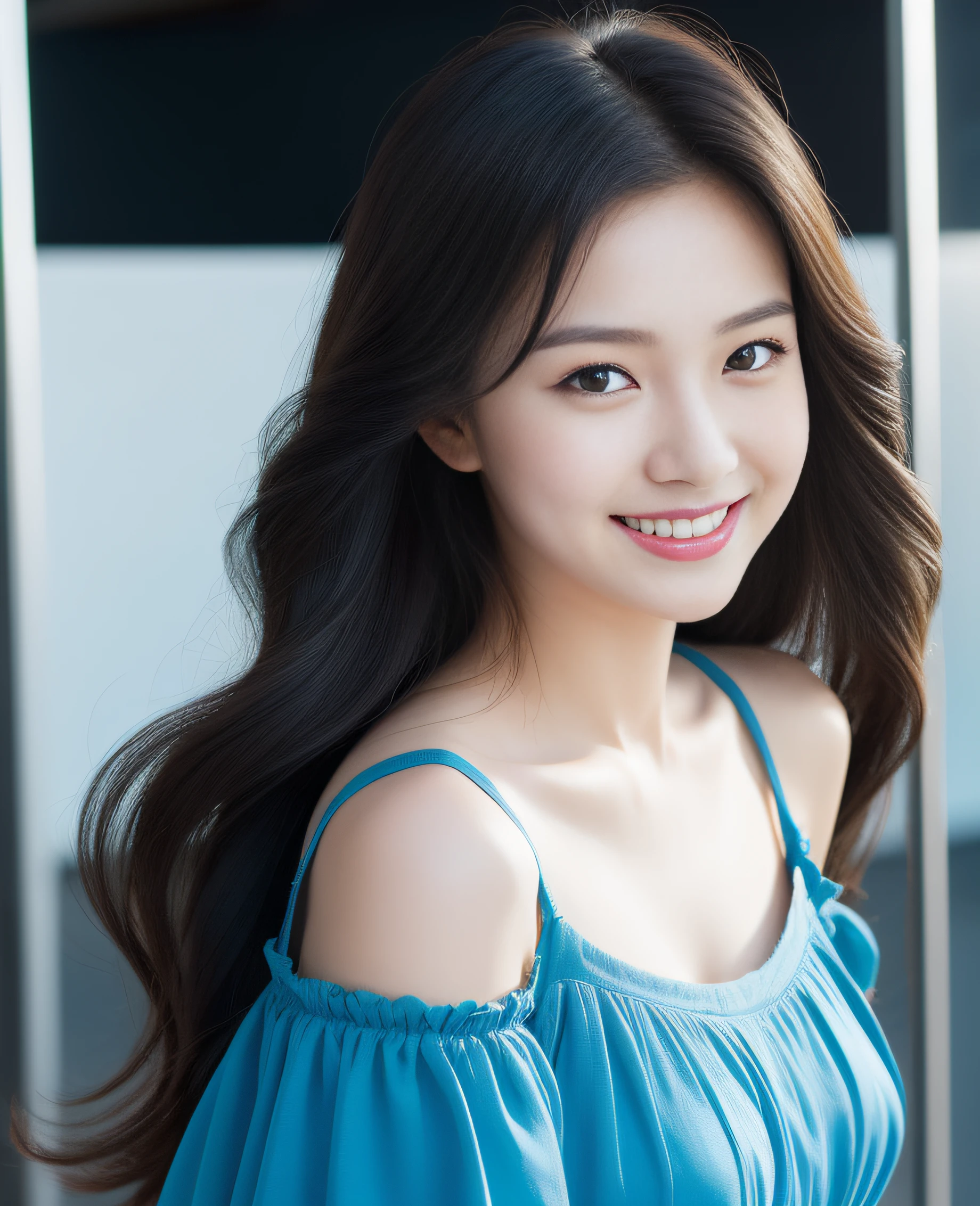 ((best quality, 8K, masterpiece: 1.3)), beautiful girl, pure, melon face, kind and cute, sweet smile, pure desire, slender body, (front), (tilted head), ((looking at camera)), wearing a blue dress, long black silky hair, long flowing shoulders, round black big eyes, clear big eyes, moist red lips, sweet, standing, ferry terminal background, ((((whole body)))),