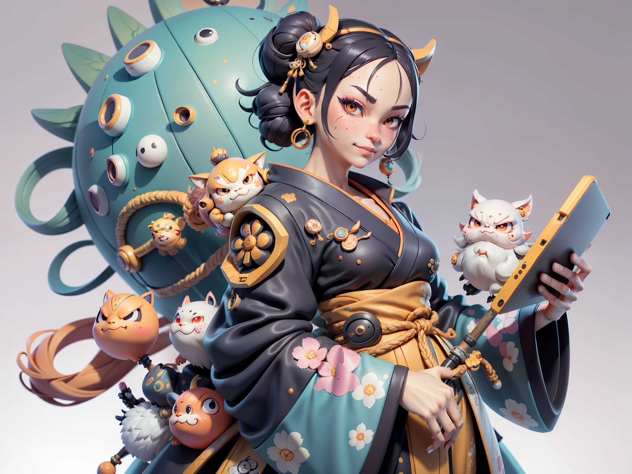 (Daisaku),(Need),(Super meticulous),(full bodyesbian:1.2),Japanese ukiyo-e girl,japanese geisha,Beautiful,Oriental dragon,Aeolian Thor,Raised sexy,爆乳,Oriental face,TV Anchor,Bust portrait illustration,Alone,In black suit,a blue tie,The face is slightly chubby,The face was clean,without a beard,Black super short hair,Black eyes,Smile confidently,3C computer sub-products,iPad, iphone,Digital painting,3D character design by Mark Clairen and Pixar and Hayao Miyazaki and Akira Toriyama,The illustration is a high-definition illustration in 4K resolution,With very detailed facial features and cartoon-style visuals。