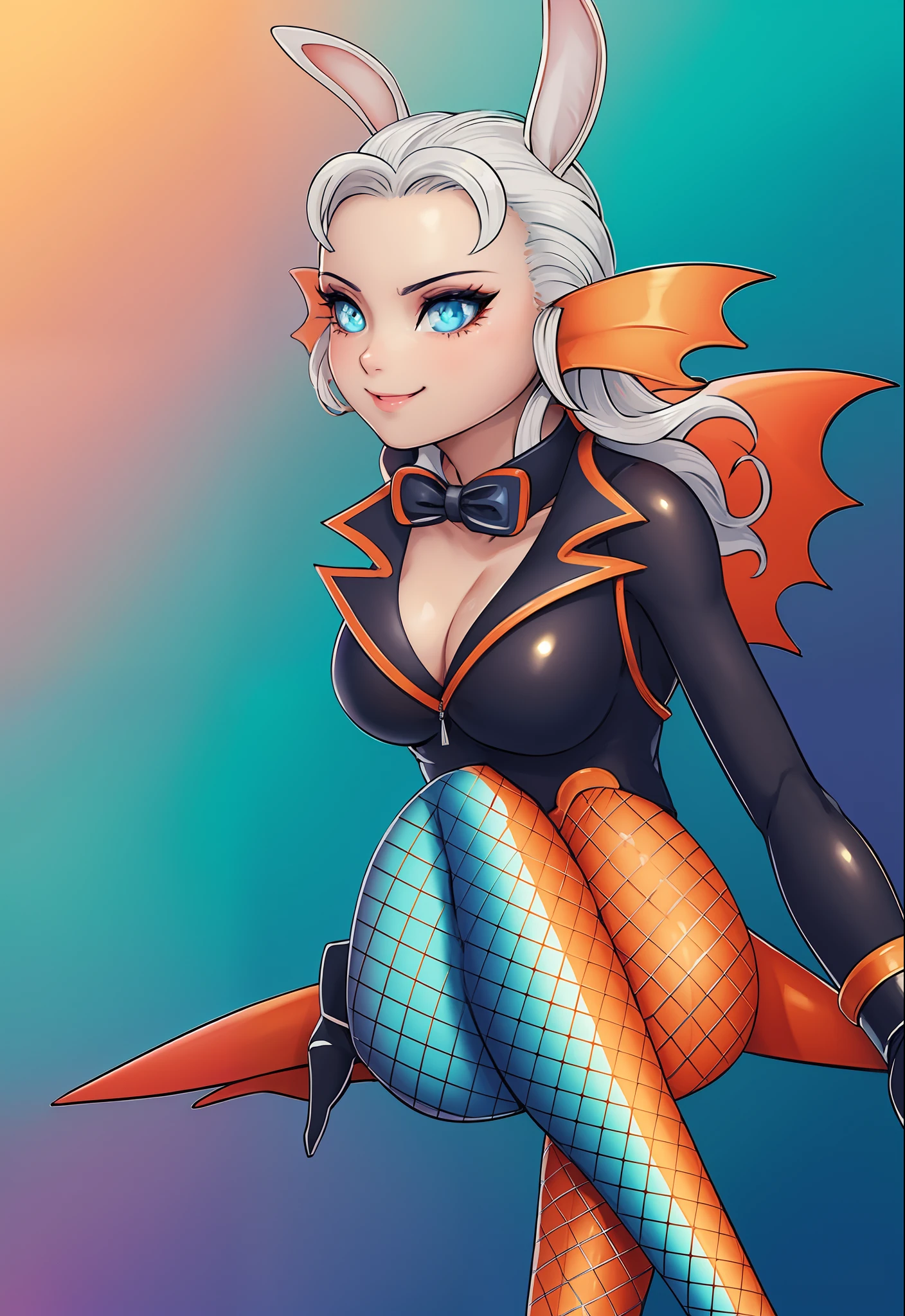 8K, High Definition, Animated, Beautiful, a small face, Beautiful, Bright, hair white, Eye Highlights, Sexy, Erotic, beautiful line art.orange fins on the back,,、
light blue skin, Blue skin、ears with orange fins,, Bunny Girl, Bunny suit, Net tights on the legs, crossed legs, Smiling, Raised eyebrows, pink lipsticks,Black bunny suit、