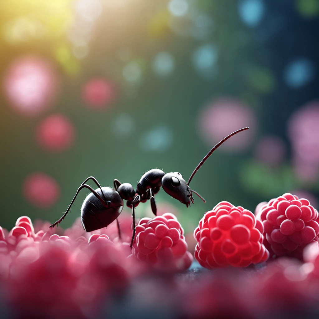 A black ant lies on a pile of raspberries,Dreamy light,High-angle lens shooting,photorealistic cinematic render, Cinematic 3D rendering, realistic cgi render, Depicted as a 3D rendering