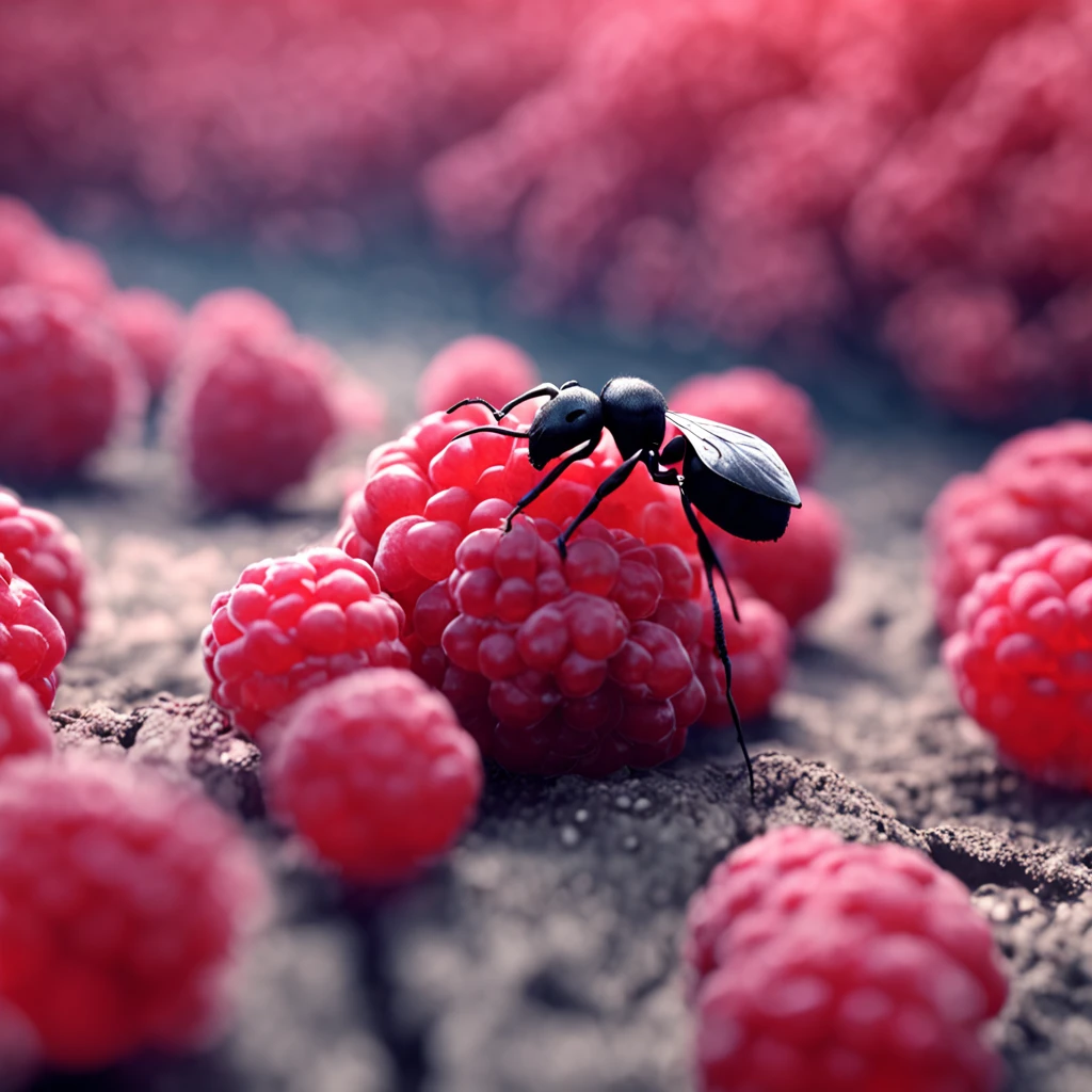 A black ant lies on a pile of raspberries，Dreamy light，High-angle lens shooting，photorealistic cinematic render, Cinematic 3D rendering, realistic cgi render, Depicted as a 3D rendering