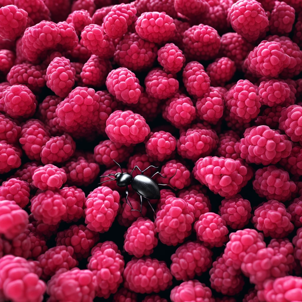 A black ant lies on a pile of raspberries，Dreamy light，High-angle lens shooting，photorealistic cinematic render, Cinematic 3D rendering, realistic cgi render, Depicted as a 3D rendering