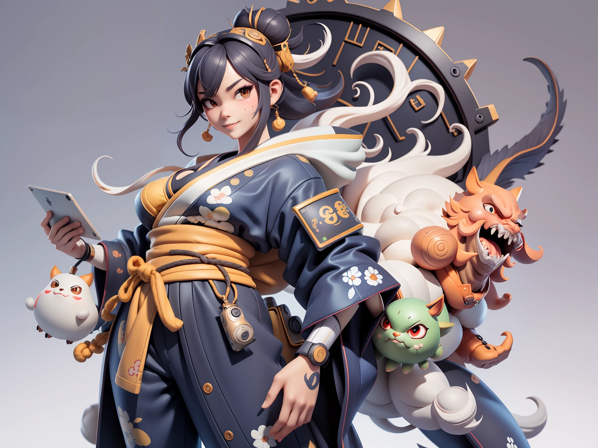 (Daisaku),(Need),(Super meticulous),(full bodyesbian:1.2),Japanese ukiyo-e girl,japanese geisha,Beautiful,Oriental dragon,Aeolian Thor,Raised sexy,爆乳,Oriental face,TV Anchor,Bust portrait illustration,Alone,In black suit,a blue tie,The face is slightly chubby,The face was clean,without a beard,Black super short hair,Black eyes,Smile confidently,3C computer sub-products,iPad, iphone,Digital painting,3D character design by Mark Clairen and Pixar and Hayao Miyazaki and Akira Toriyama,The illustration is a high-definition illustration in 4K resolution,With very detailed facial features and cartoon-style visuals。