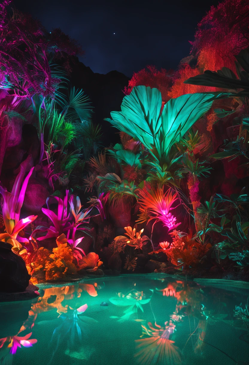 Caves, hot spring pools, glowing exotic plants, dreams, colorful fluorescent light