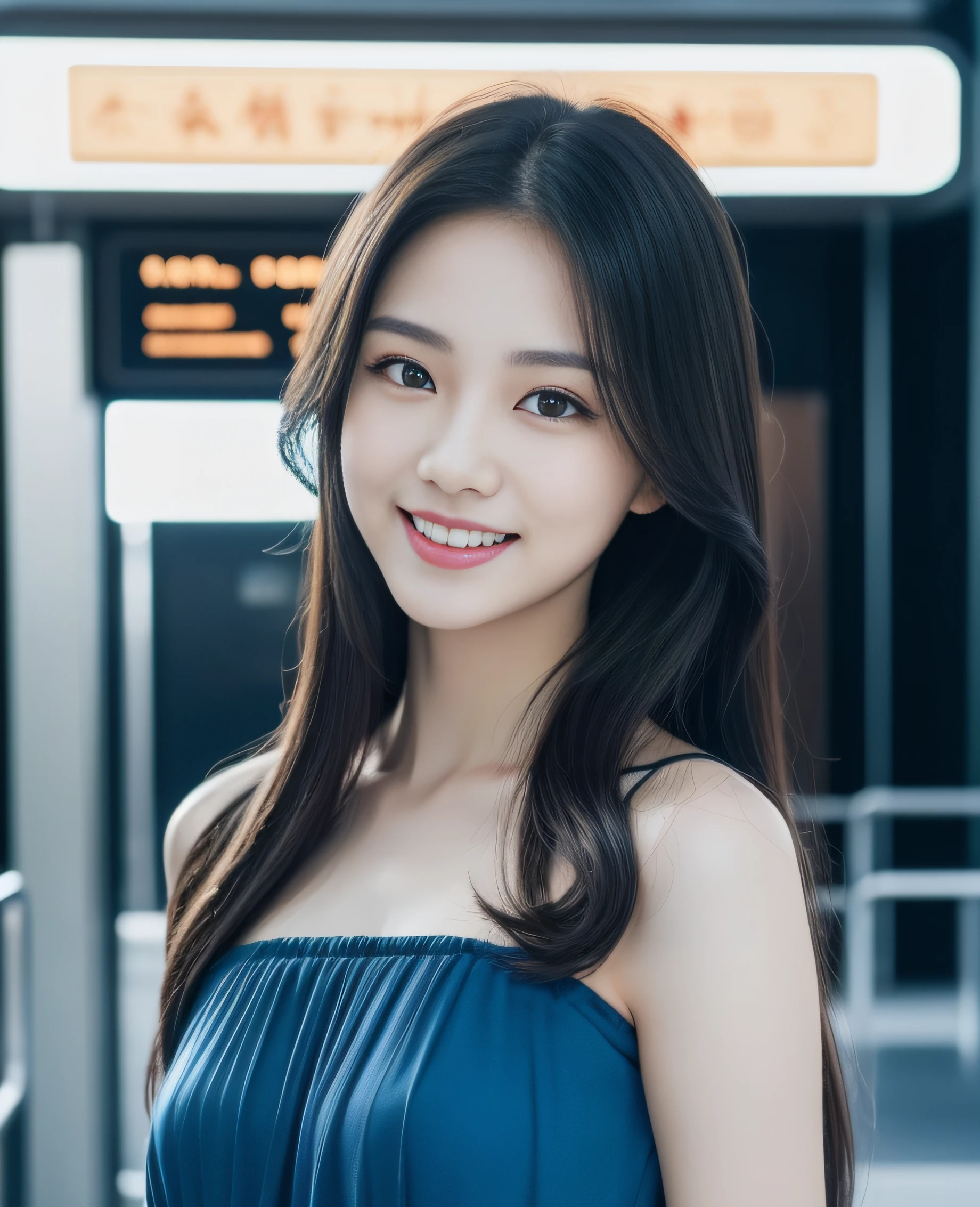((best quality, 8K, masterpiece: 1.3)), beautiful girl, pure, melon face, kind and cute, sweet smile, pure desire, slender body, (front), (tilted head), ((looking at camera)), wearing a blue dress, long black silky hair, long flowing shoulders, round black big eyes, clear big eyes, moist red lips, sweet, standing, ferry terminal background, ((((whole body)))),