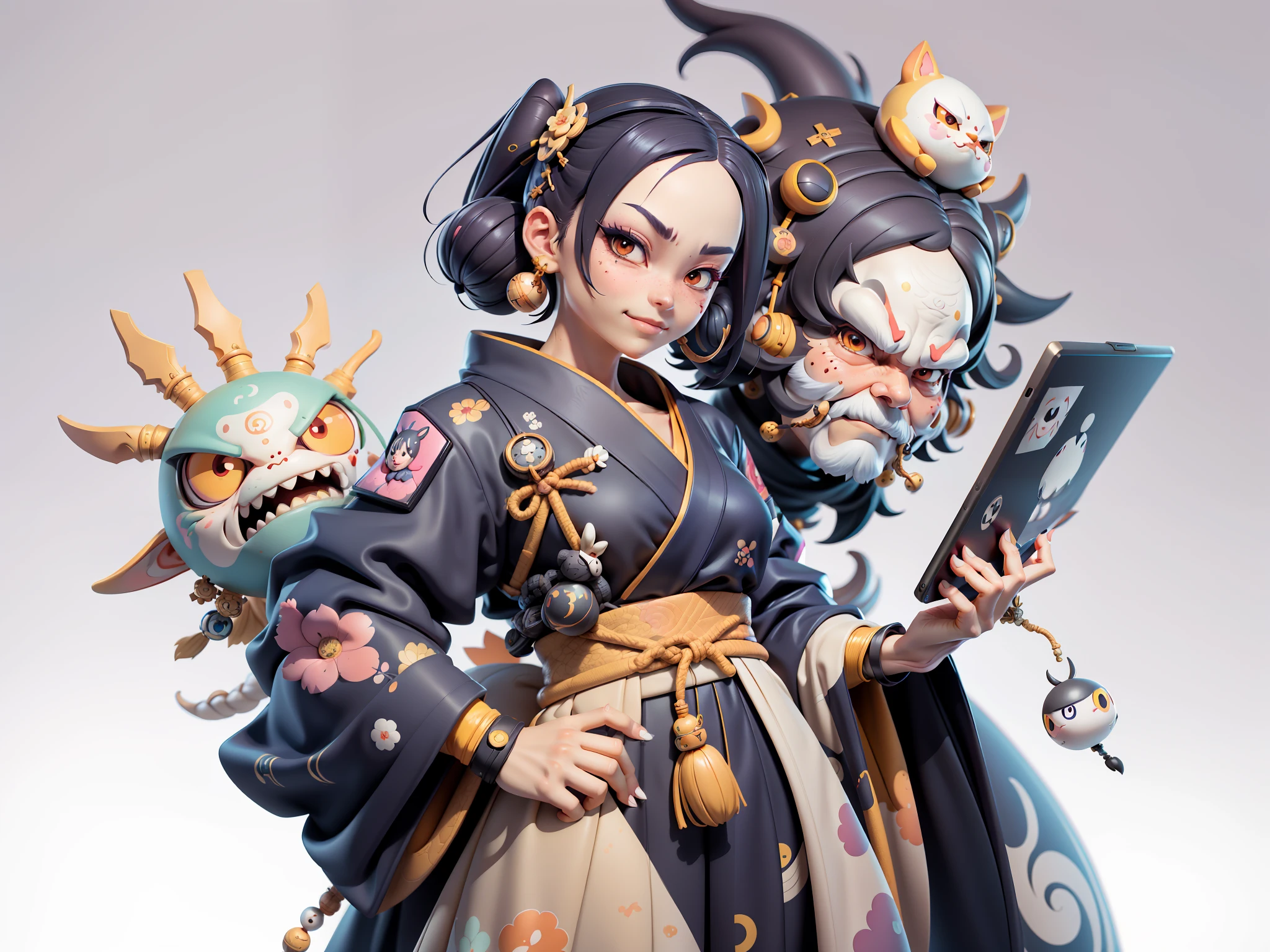 (Daisaku),(Need),(Super meticulous),(full bodyesbian:1.2),Japanese ukiyo-e girl,japanese geisha,Beautiful,Oriental dragon,Aeolian Thor,Raised sexy,爆乳,Oriental face,TV Anchor,Bust portrait illustration,Alone,In black suit,a blue tie,The face is slightly chubby,The face was clean,without a beard,Black super short hair,Black eyes,Smile confidently,3C computer sub-products,iPad, iphone,Digital painting,3D character design by Mark Clairen and Pixar and Hayao Miyazaki and Akira Toriyama,The illustration is a high-definition illustration in 4K resolution,With very detailed facial features and cartoon-style visuals。