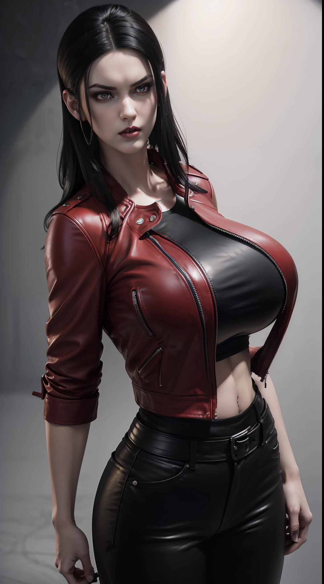 (Women wearing red leather jacket, black tanktop and black pants), (short wavy black hair), (pale skin), (serious face), (solid color background), (huge round breasts:1.5), dynamic angle shot, dynamic pose, studio lighting, photo realism, intricate face detail, intricate hand details, highly detailed, vibrant colors, cinematic, high definition, trending on Artstation--style raw