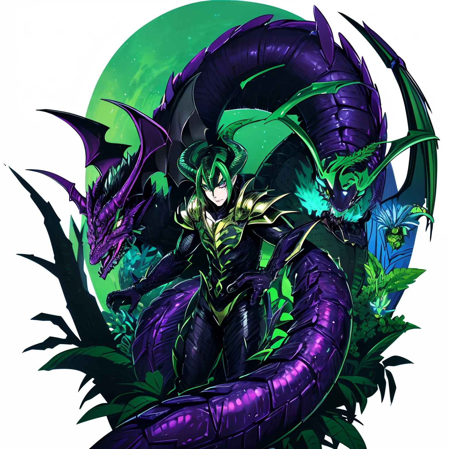 Malleus Draconia as a Digimon, ((1boy:1.4)), malleus draconia \(twisted wonderland\), horns, ((dragon like:1.2)), black scales, Green skin , ((black green and Purple color scheme)), ((Maleficent inspired)),digimon \(creature\), High Aesthetic, masterpiece, Highest quality, close up