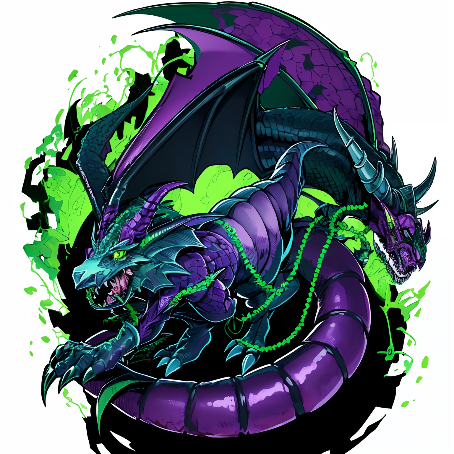 Malleus Draconia as a Digimon, ((1boy:1.4)), malleus draconia \(twisted wonderland\), horns, ((dragon like:1.2)), black scales, Green skin , ((black green and Purple color scheme)), ((Maleficent inspired)),digimon \(creature\), High Aesthetic, masterpiece, Highest quality, close up