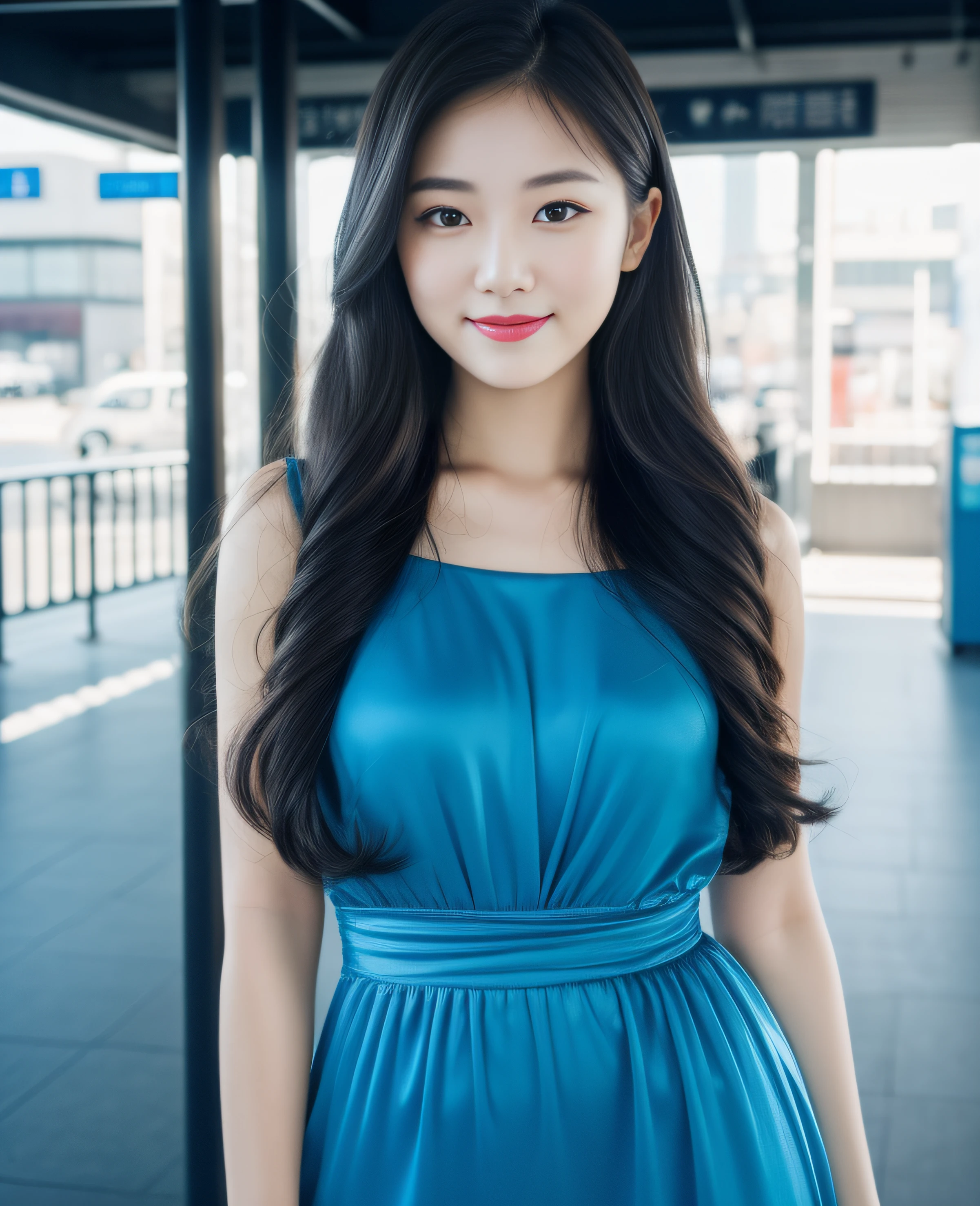 ((best quality, 8K, masterpiece: 1.3)), beautiful girl, pure, melon face, kind and cute, sweet smile, pure desire, slender body, (front), (tilted head), ((looking at camera)), wearing a blue dress, long black silky hair, long flowing shoulders, round black big eyes, clear big eyes, moist red lips, sweet, standing, ferry terminal background, ((((whole body)))),