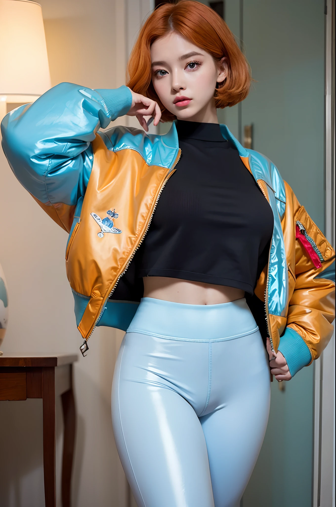 1girll, Young, ((Leggings, Vintage bomber jacket 80s)), Solo, offcial art, Unity 8k wallpaper, Ultra detailed, Beautiful and aesthetic, Masterpiece, Best quality, Shiny skin, The most beautiful form of chaos, elegant, A brutalist with a design, Bright colors, romanticism lain, ((Fairy Tale AI)), Big ass, Red nails, Short hair, Orange hair, light blue eyes