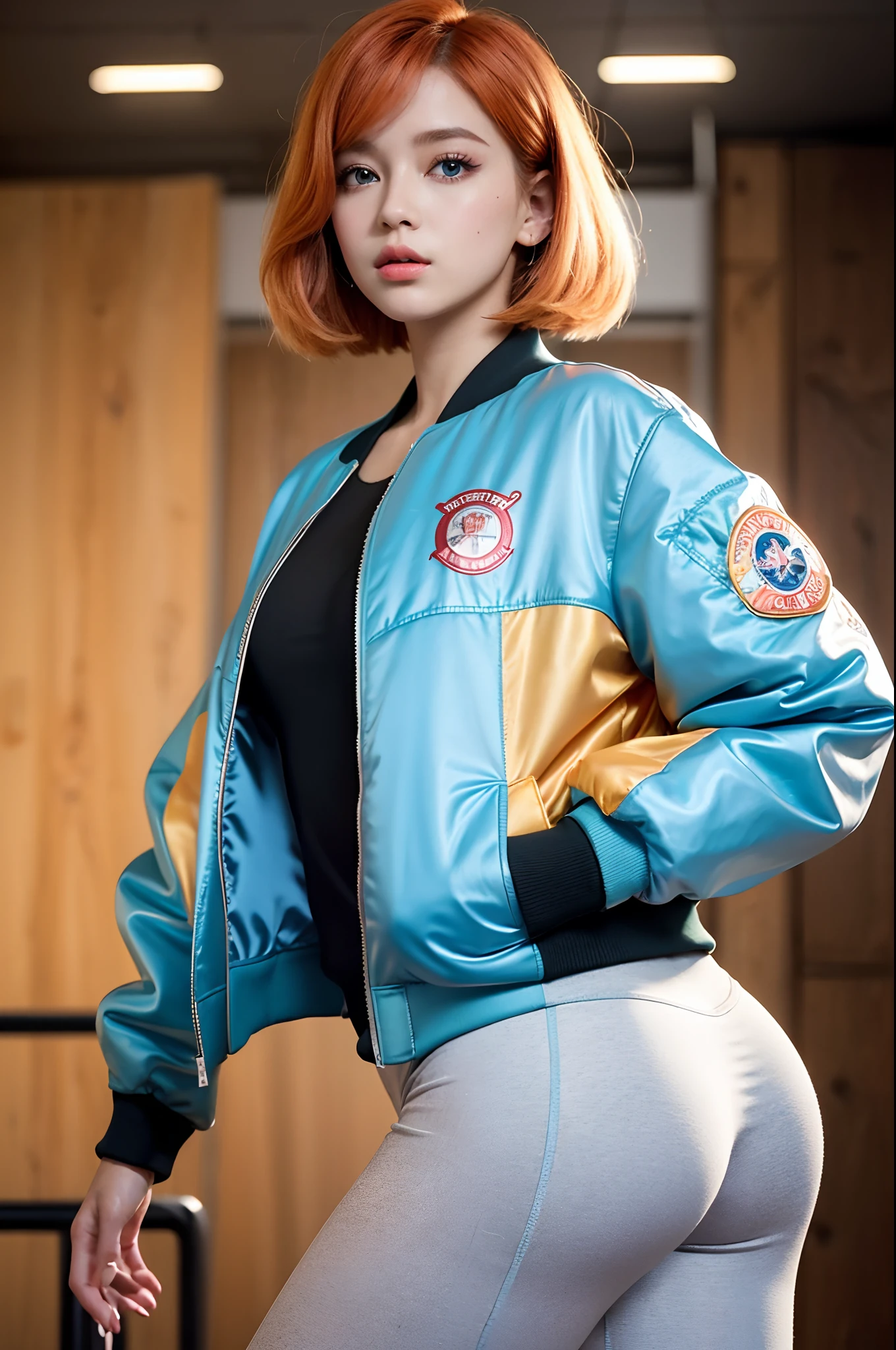 1girll, Young, ((Leggings, Vintage bomber jacket 80s)), Solo, offcial art, Unity 8k wallpaper, Ultra detailed, Beautiful and aesthetic, Masterpiece, Best quality, Shiny skin, The most beautiful form of chaos, elegant, A brutalist with a design, Bright colors, romanticism lain, ((Fairy Tale AI)), Big ass, Red nails, Short hair, Orange hair, light blue  eyes