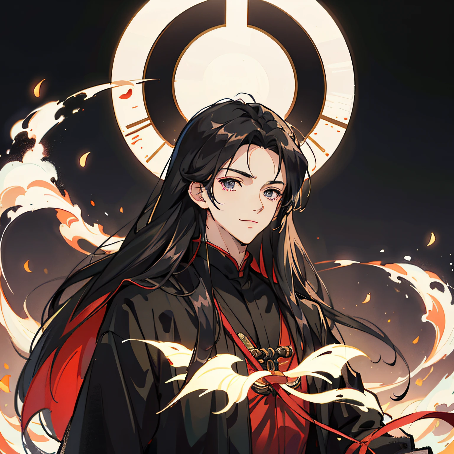 (Long-haired black-robed male character*1.1),figure portrait,Upper body body,(Anime handsome man+full-body wuxia:0.8),(Handsome anime pose+ssmile),Xianxia background,Ancient wind,Take a fan,Off-white background